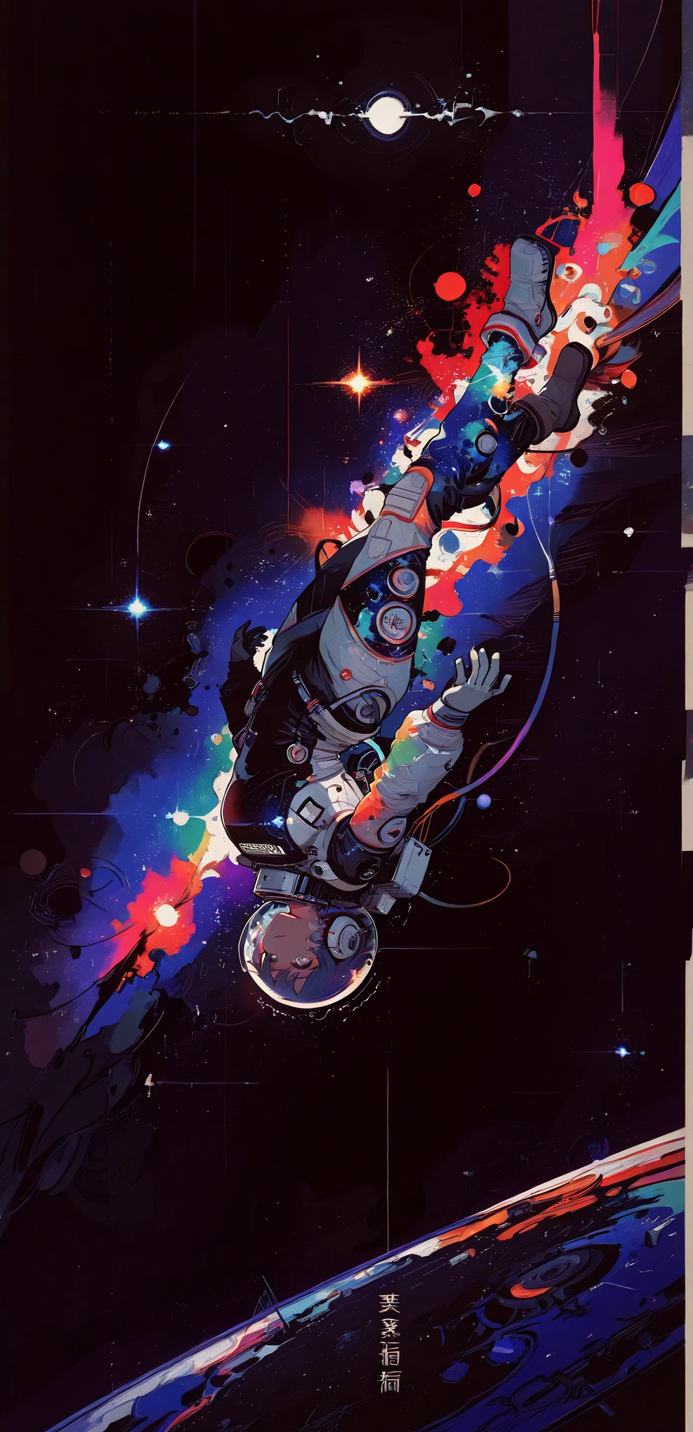 (Abstract), (Only a bizarre ), Female 1 , Trembling, sweat, spacesuit, levitation, full body, Upside down, (Scene of drifting in space, Space background, Black Void, Glowing Galaxy, Destroyed Spaceship), Dynamic Poses, Dynamic Angle, masterpieces, top quality, madness, rolling around rich contrast, Delicate Texture, surrealism, high resolution, delicacy, colorful colors.