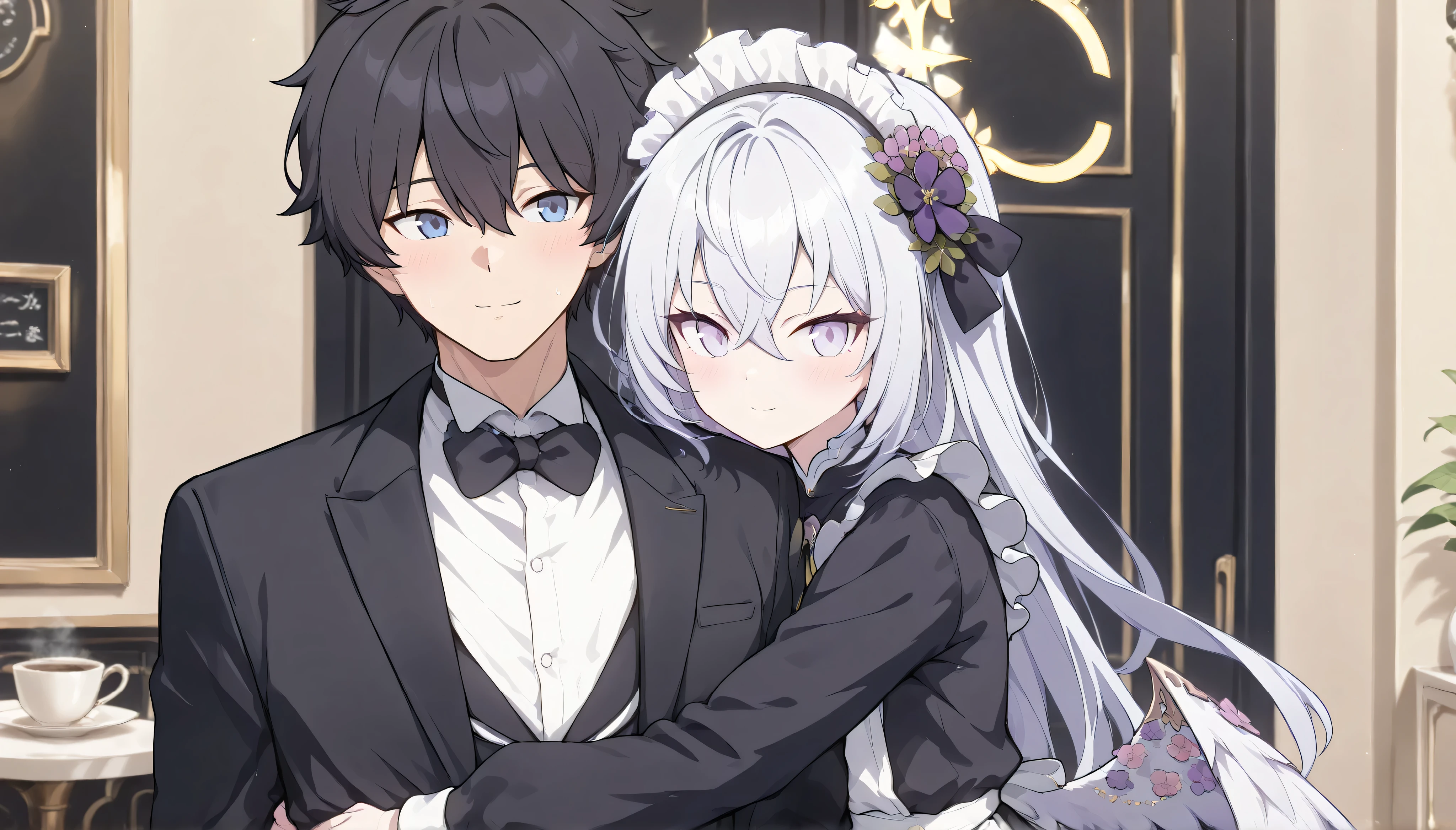 1girl and 1male(azusa (blue archive),purple eyes,white hair,long hair,wings,hair flower,　madi apron, maid, maid headdress, long sleeves,　next to,　Kevin, masterpiece, Best Quality, very aesthetic, 1male, cool, Adult male, Height 175cm, male college student, black hair, blue eyes, Tuxedo with a bow,), I can see my eyebrows from the inside of my hair, hair between eyes,　 masterpiece, Best Quality, very aesthetic,　indoor, smile, cafe,　looking at viewer, hug:1.3,