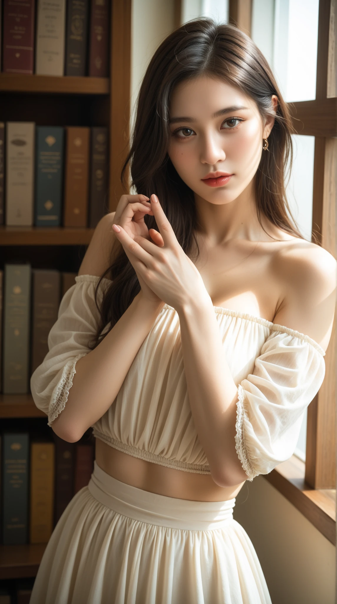(RAW photos, best quality),(A girl with a literary atmosphere),Extremely refined, Astonishing, Fine details, masterpiece, Extremely detailed,high resolution,Long hair,Messy hair,(Soft lighting:1.4),(Smile)，bay