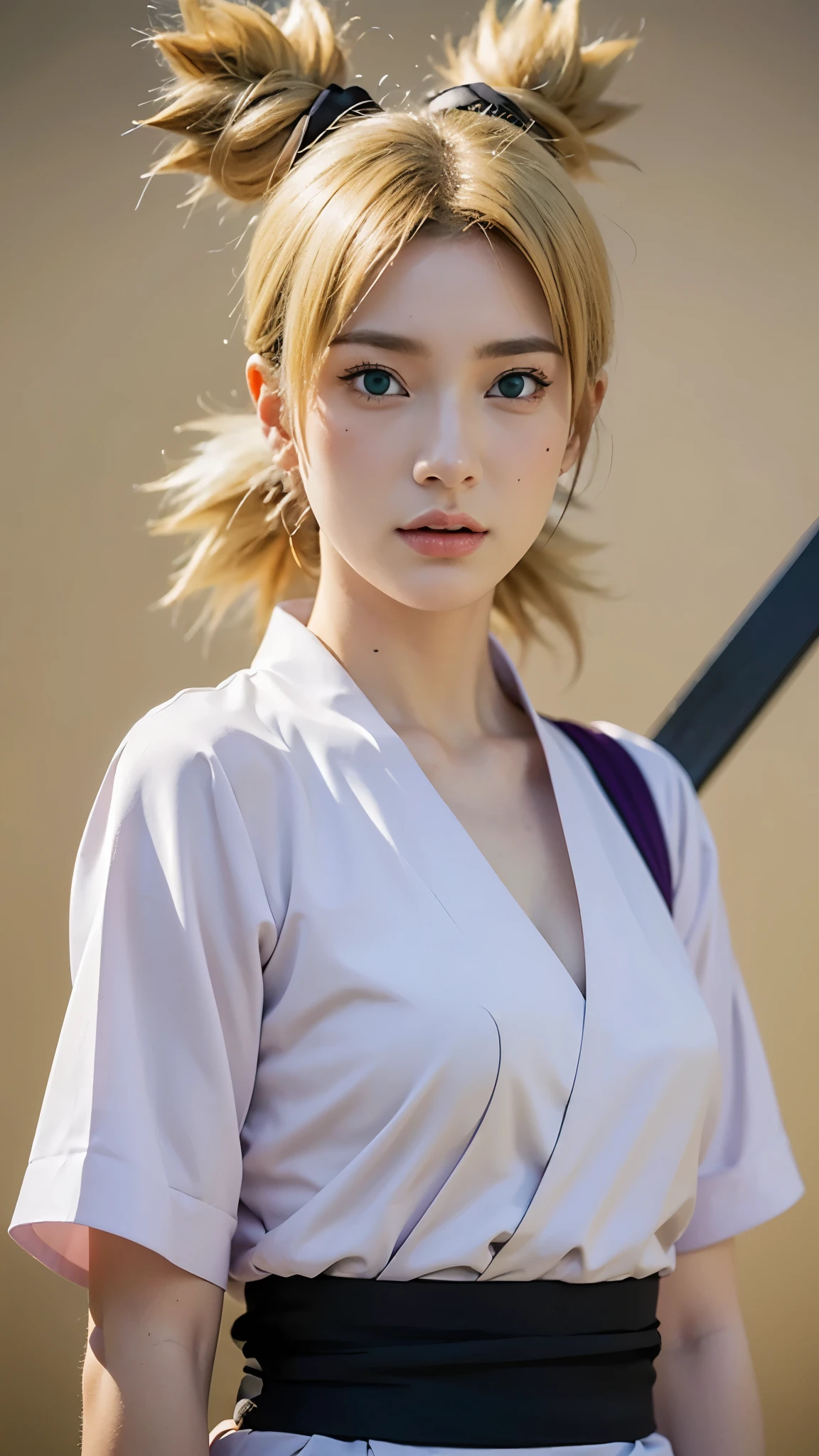 Temari from Naruto Shippuden, half-body portrait, realistic and ultra-detailed, HD quality. She has blonde hair tied into four spiky ponytails, wear black kimono, wearing her signature dark purple battle outfit with a beige sash and a giant folding fan visible behind her. Sharp green eyes, confident expression, soft natural lighting, cinematic realism, intricate fabric textures, detailed skin tones, ultra-high resolution, hyperrealistic anime-to-real-life style