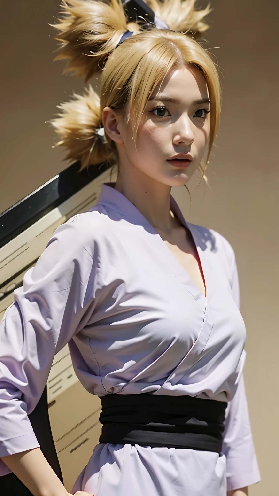 Temari from Naruto Shippuden, half-body portrait, realistic and ultra-detailed, HD quality. She has blonde hair tied into four spiky ponytails, wear black kimono, wearing her signature dark purple battle outfit with a beige sash and a giant folding fan visible behind her. Sharp green eyes, confident expression, soft natural lighting, cinematic realism, intricate fabric textures, detailed skin tones, ultra-high resolution, hyperrealistic anime-to-real-life style
