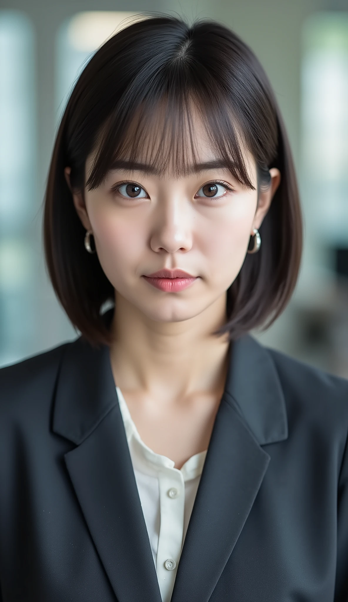 Neat Young Woman、looking at the camera、office lady suit、jacket、shirt、Ear piercings、has bangs and is making a small scream、hairstyle short bob、、No expression、has closed its mouth、、face close-up、The background is office