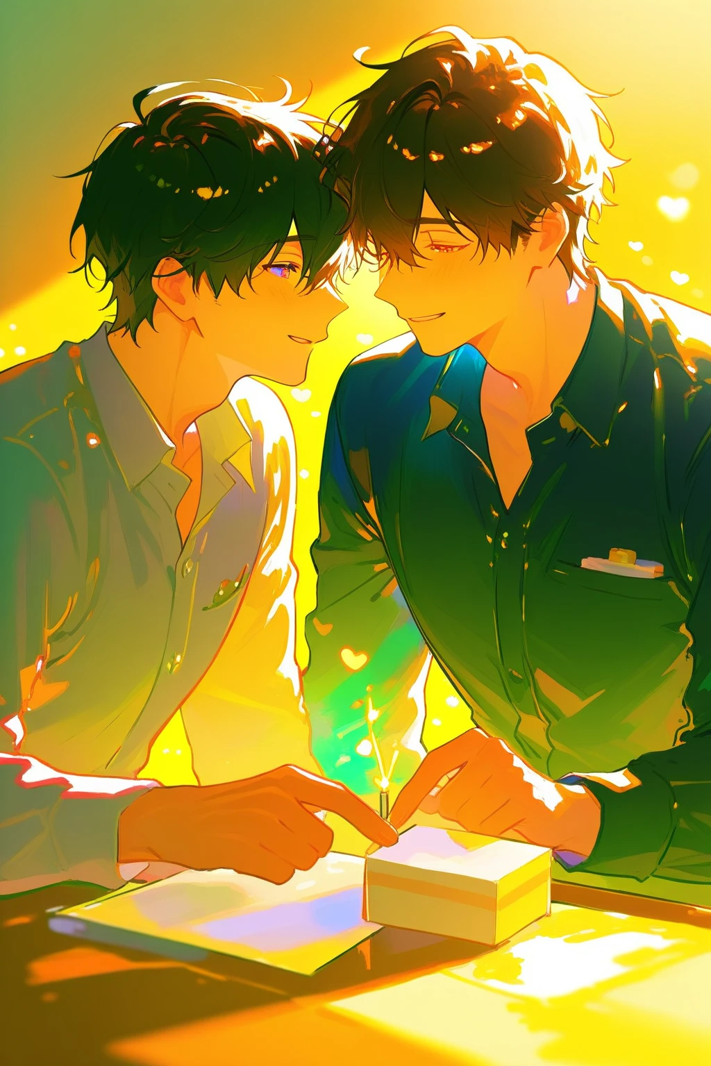 Ultra detailed, highres, absurdres, HDR, master piece, Ginoza Nobuchika, black hair with bangs, expressivee green eyes, Kougami Shinya, black hair, expressive grey eyes, Psycho Pass, fantasy, pink petals, water, pink flowers, handsome, two sexy man together, gay couple, yaoi, magical, best quality, blossoms, blue shining fireflies, black necktie, black jacket, love