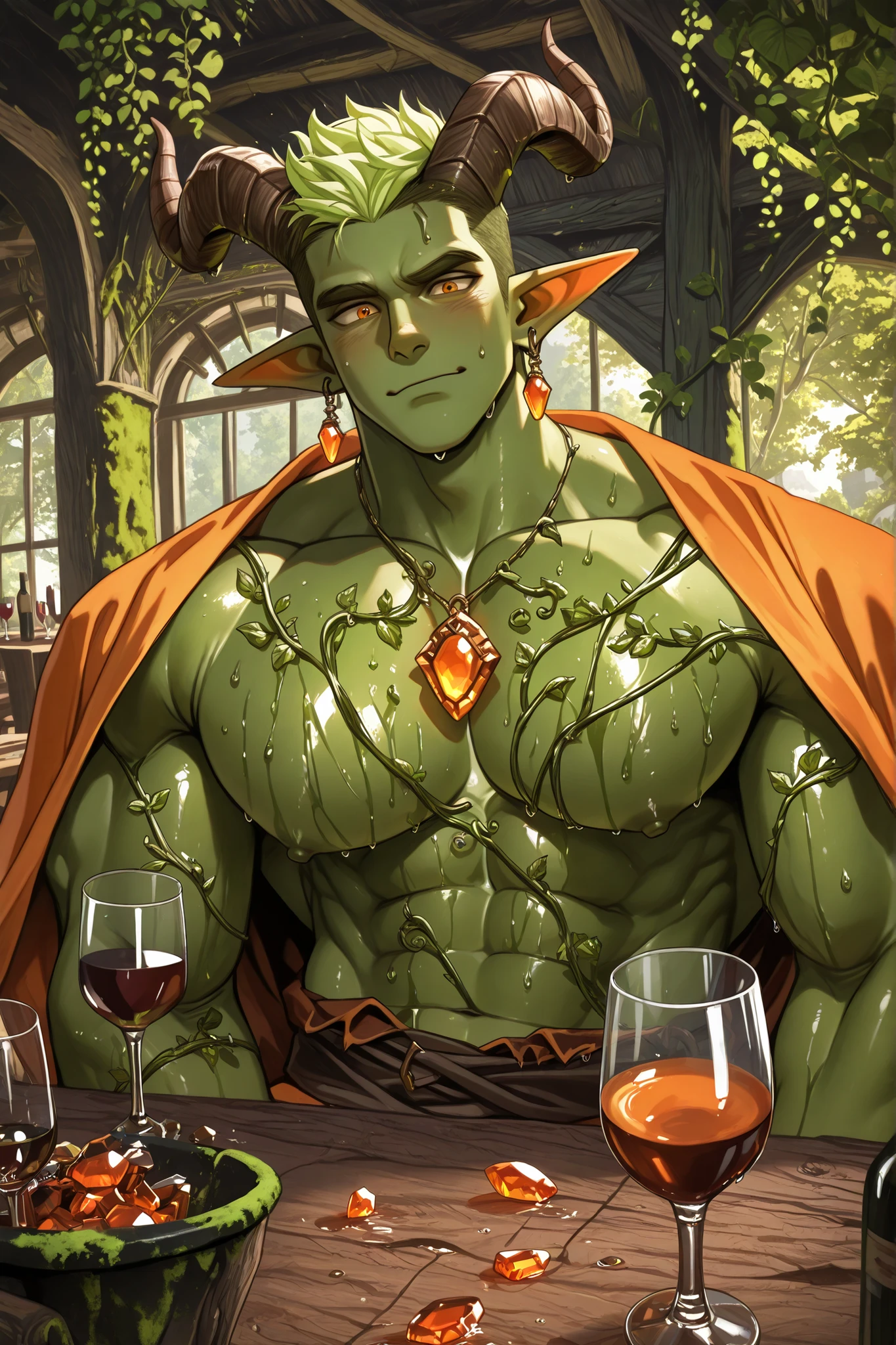 Masterpiece, best quality, absurdres, newest, perfect quality, best quality, absolutely eye-catching, detailed background, intricate detail, source oil paint, BREAK, 1boy, Cute Bara, Solo, Tall, Muscular, Large Pectorals, Nipples, Stomach, Huge Pecs, Oily, Wet (((Vibrant Green Skin))) Radiant Orange Eyes, Brown Horns with Botanicals, Bark Skin, Green Slick Shaved Sides Hairstyle, Elongated Elf Ears, Vine Markings Across His Body, Orange Gem Pendant, Gem Earrings, Wearing A PVC Orange Glossy Vinyl Robes with Sash, Foliage, Moss, Setting: Inside a Cozy Tavern, sitting at a table, customers staring, patrons staring, Wine glasses on table