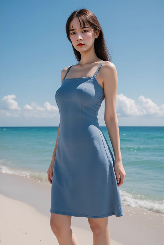 ((Best Quality, 8K, masutepiece: 1.3)), Sharp Focus: 1.2, 1 girl, Neat and clean beauty, 16 years old, emotive,Classy and elegant, A pretty girl with perfect figure, Cute, Shy, ((Medium hair swaying in the wind)), , (Tank top: 1.1), Skirt, Highly detailed face and skin texture, Detailed eyes, Beach,