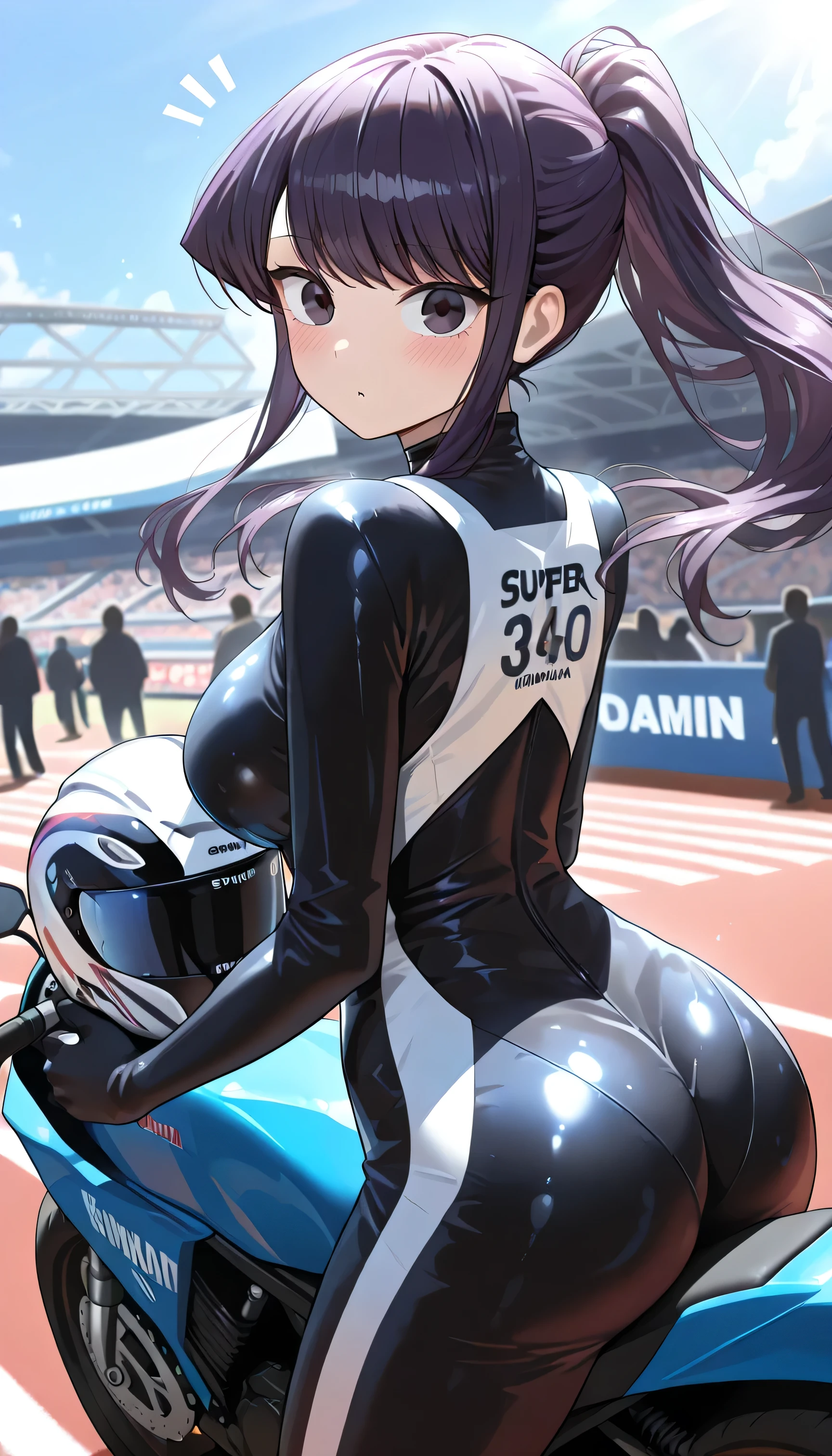 ((masterpiece)), ((best quality)), (ultra-detailed), ((extremely detailed)), (high resolution), 4k, (8k), best quality, (dynamic lighting), (super detailed, source_anime), sharp focus, more detail XL, Hyper-detailed, (1girl, solo:1.2), race track, daylight, outdoors, (Komi Shouko, \Komi Can't Communicate\), body suit, holding bike helmet, bike, motorbike, motorcycle, from behind, from side, looking at viewer, standing, blush, surprised, crowd, ponytail, long purple hair,