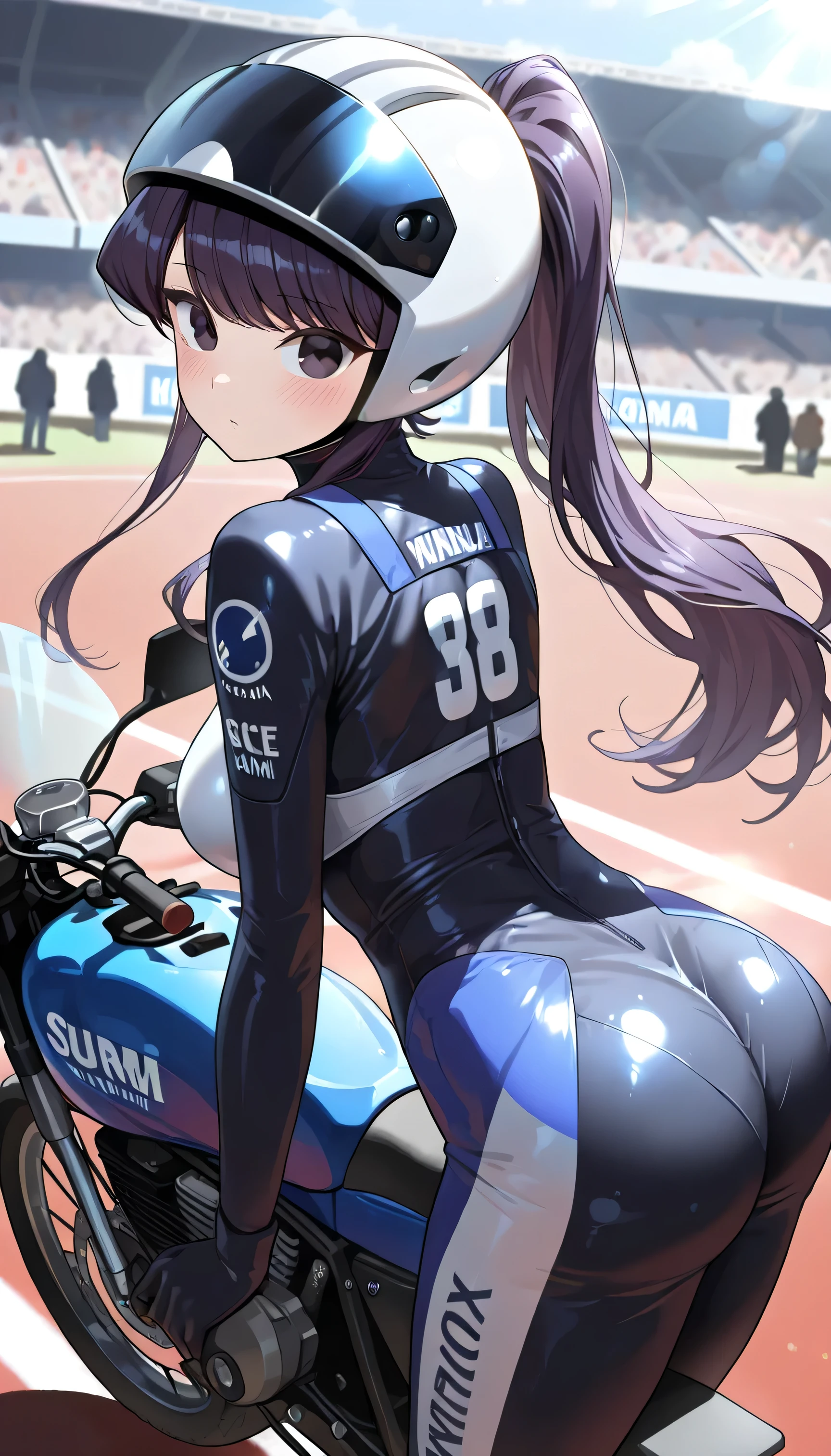 ((masterpiece)), ((best quality)), (ultra-detailed), ((extremely detailed)), (high resolution), 4k, (8k), best quality, (dynamic lighting), (super detailed, source_anime), sharp focus, more detail XL, Hyper-detailed, (1girl, solo:1.2), race track, daylight, outdoors, (Komi Shouko, \Komi Can't Communicate\), body suit, holding bike helmet, bike, motorbike, motorcycle, from behind, from side, looking at viewer, standing, blush, surprised, crowd, ponytail, long purple hair,