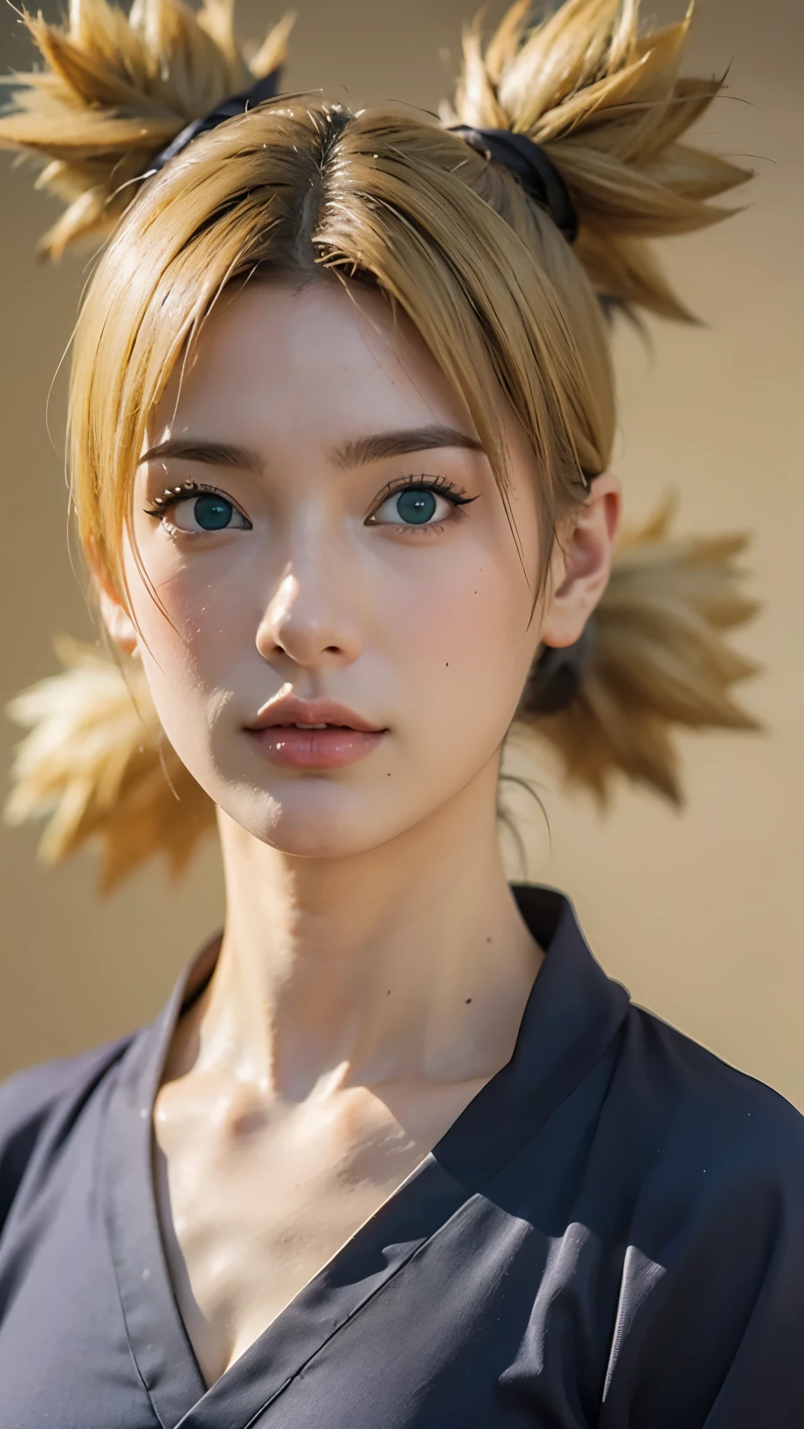 Temari from Naruto Shippuden, half-body portrait, realistic and ultra-detailed, HD quality. She has blonde hair tied into four spiky ponytails, wear black kimono, wearing her signature dark purple battle outfit with a beige sash and a giant folding fan visible behind her. Sharp green eyes, confident expression, soft natural lighting, cinematic realism, intricate fabric textures, detailed skin tones, ultra-high resolution, hyperrealistic anime-to-real-life style
