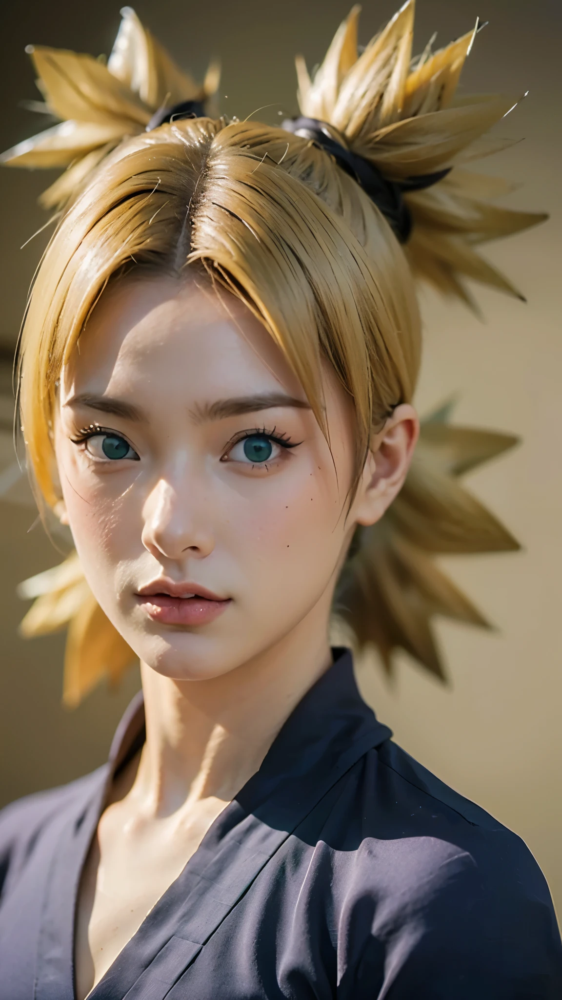 Temari from Naruto Shippuden, half-body portrait, realistic and ultra-detailed, HD quality. She has blonde hair tied into four spiky ponytails, wear black kimono, wearing her signature dark purple battle outfit with a beige sash and a giant folding fan visible behind her. Sharp green eyes, confident expression, soft natural lighting, cinematic realism, intricate fabric textures, detailed skin tones, ultra-high resolution, hyperrealistic anime-to-real-life style