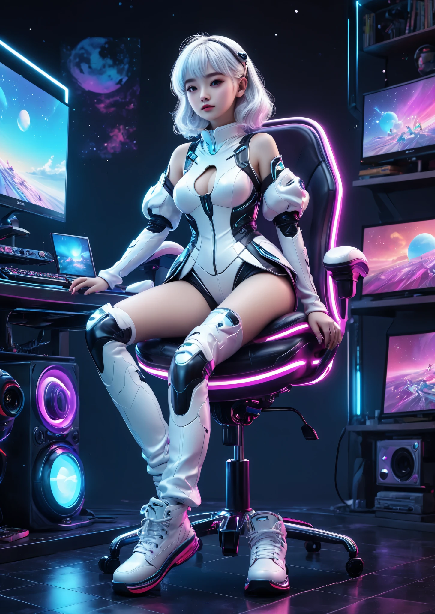 Dream Illustration , fairy tale, oil, A cute girl is standing, white hair、Face looks like white porcelain、Little Girl、black on white Android suit, White Short Boots、Beautiful belly and belly、white boots、sitting in a gaming chair、control panels、Room with monitor screen showing her、ultra-detailed rendering of vibrant gradients floating around the subject、(100%Full body photo)、perfect framing from head to toe、3D render 、Detailed and high-quality, high definition, Golden, Light Cyan, light teal, magenta red, light purple, moonrise color, night lighting atmosphere (Digital Illustration:1.2), comic style, toon style, Illustrative funk, Retrowave graffiti, Perspective, Extreme Face Close Up, t-shirt graphic, ultra high definition, realistic, Brilliant Colors, very detailed, Uhigh definition drawing, Pen and ink, perfect composition, 美しく詳細で複雑でvery detailedなオクタンレンダリング、trending at ArtStation, 8K Art Photography, photorealistic concept art, soft, natural, voluminous cinematic perfect light、