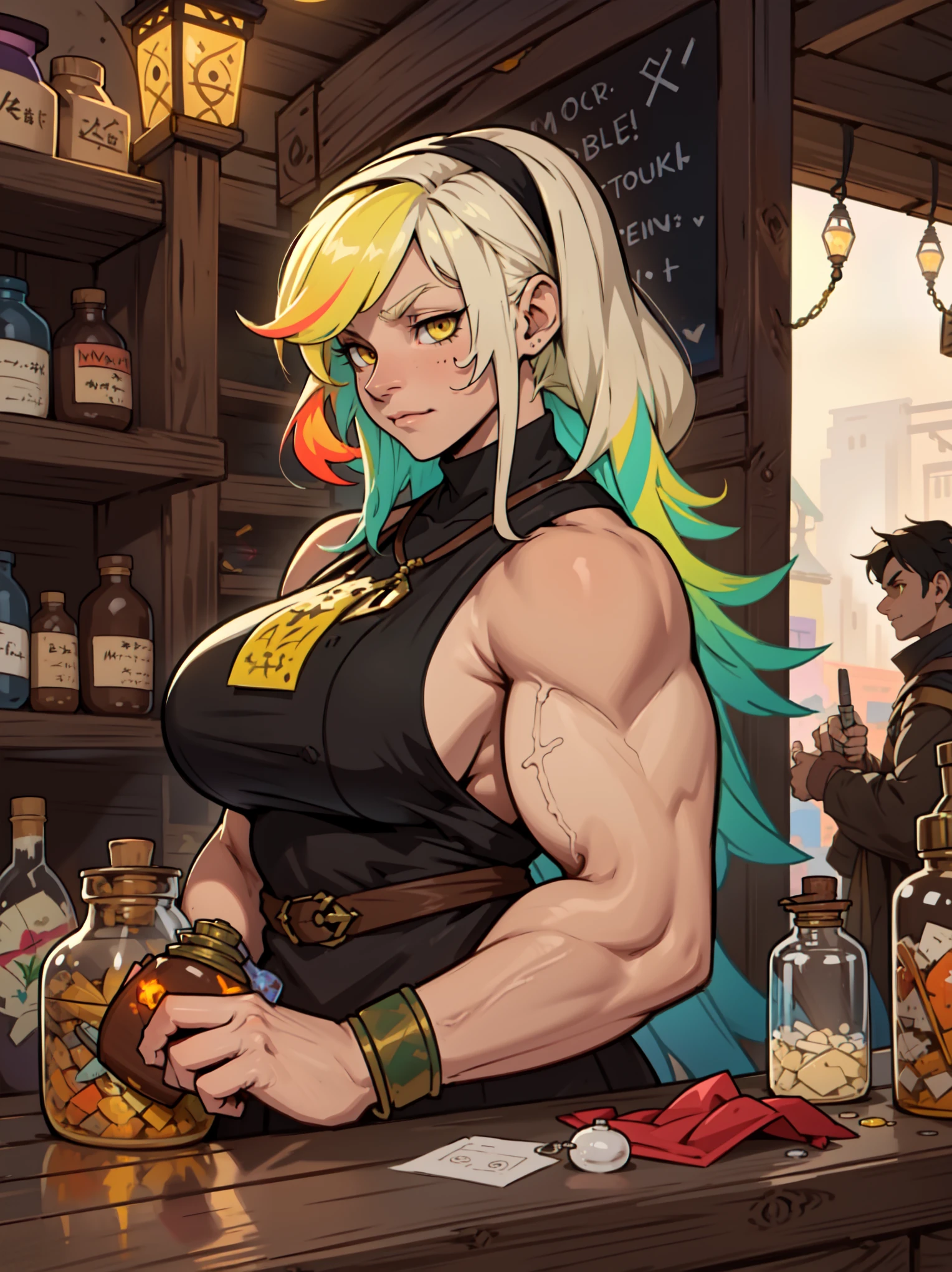 ((merchant booth merchant stall potions colorful vials)) ((merchant booth merchant stall potions colorful vials)) ((merchant booth merchant stall potions colorful vials)) black hair yellow eyes pale skin huge muscles big breasts woman