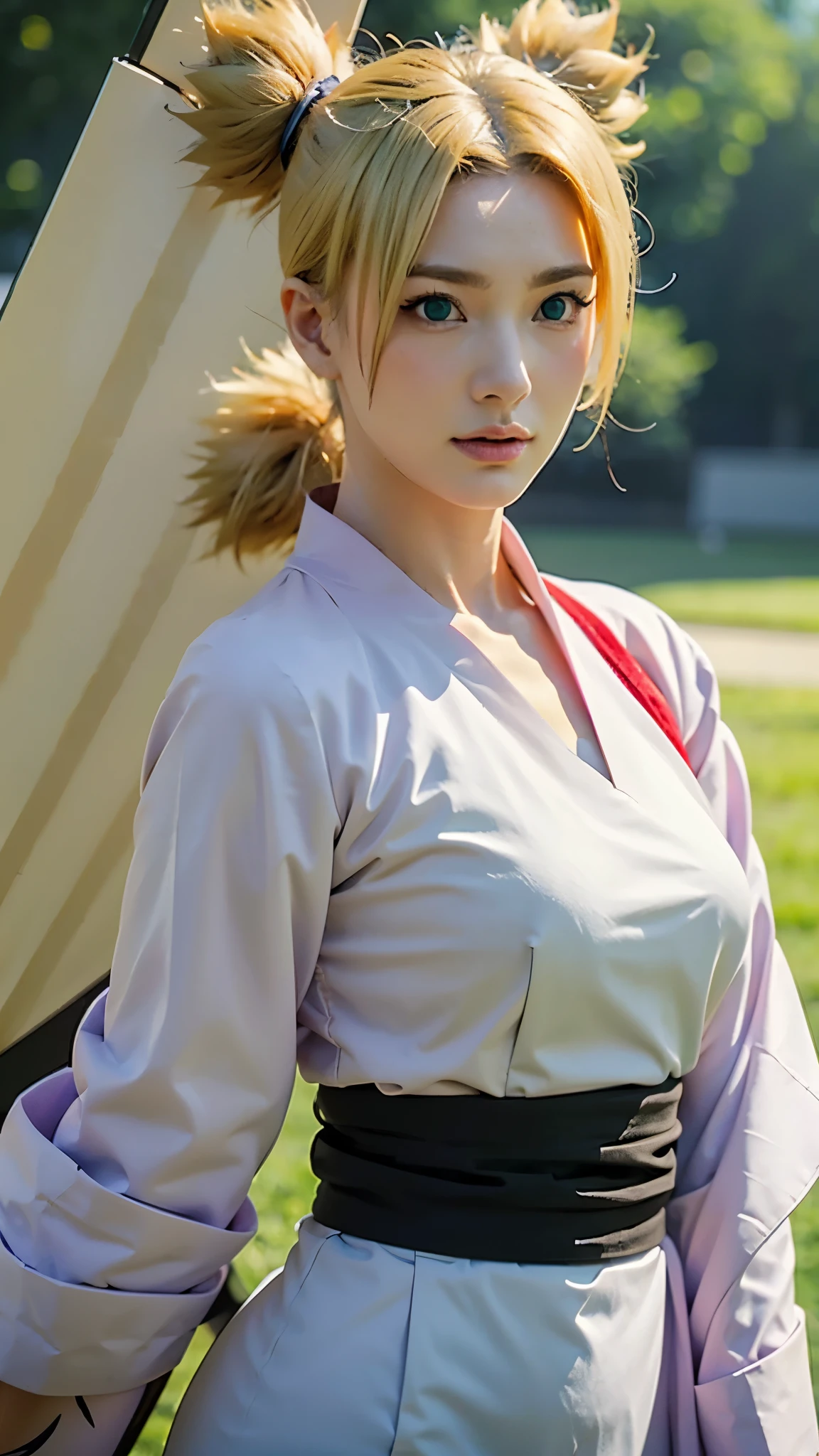 Temari from Naruto Shippuden, half-body portrait, realistic and ultra-detailed, HD quality. She has blonde hair tied into four spiky ponytails, wear black kimono, wearing her signature dark purple battle outfit with a beige sash and a giant folding fan visible behind her. Sharp green eyes, confident expression, soft natural lighting, cinematic realism, intricate fabric textures, detailed skin tones, ultra-high resolution, hyperrealistic anime-to-real-life style