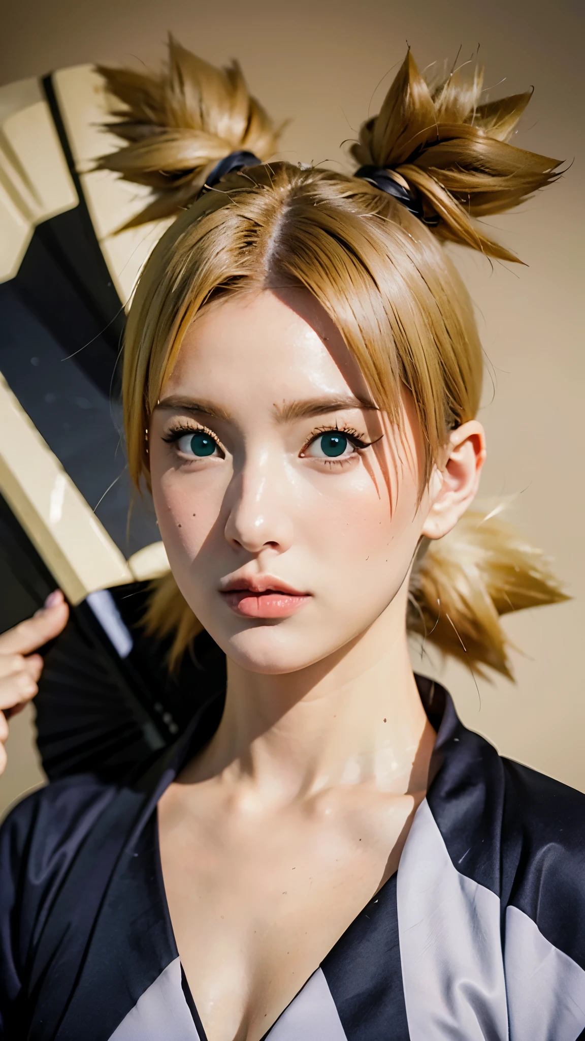 Temari from Naruto Shippuden, half-body portrait, realistic and ultra-detailed, HD quality. She has blonde hair tied into four spiky ponytails, wear black kimono, wearing her signature dark purple battle outfit with a beige sash and a giant folding fan visible behind her. Sharp green eyes, confident expression, soft natural lighting, cinematic realism, intricate fabric textures, detailed skin tones, ultra-high resolution, hyperrealistic anime-to-real-life style