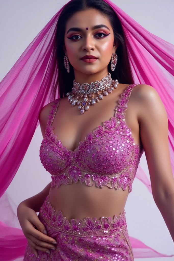 from front photo of sonal chauhan woman, hyper realistic candid photo that is safe for work, studio quality, wearing intricate long sleeved Rose high necked evening gown, pixie, neutral pastel shaded multicolored background, cinematic lighting,  âââ<lora:Sonal_Chauhan_Flux_Kohya_V1pt1:1>âââ