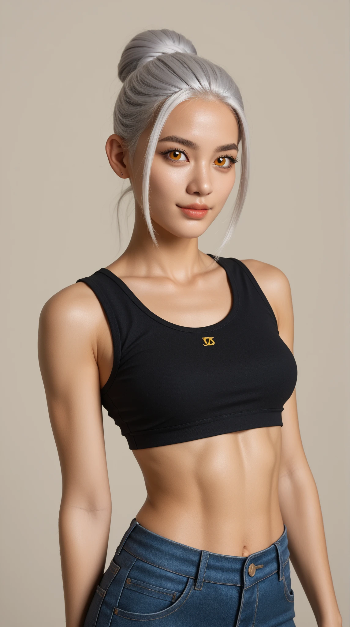 best image quality、RAW photo、ultra high resolution、21 years old Korean、small breasts、dynamic angle、cowboy shot、the most beautiful form chaos、elegant、innovative design、innovative design、vivid colors、beautiful white hair、short bob、smile、glossy white skin、beautiful eyes with random colors、Very beautiful eyes in every detail、thin lips、detailed beautiful eyes、elongated eyes、pale pink cheeks、long eyelashes、beautiful double eyelids、eye shadow、city、black crop top、baggy pants、fold your arms、shot from the side、sexy pose、zoom up