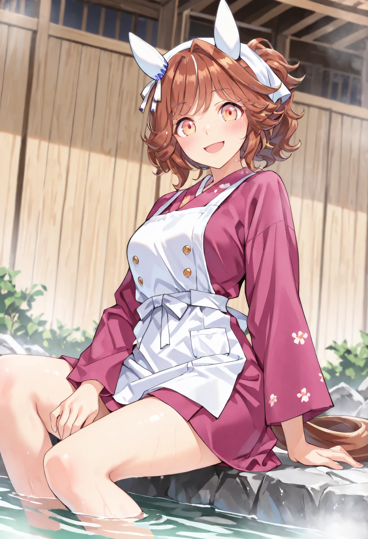 (masterpiece, best quality, perfect face:1.4), wide angle, haiseiko \(umamusume\), 1girl, brown hair, orange eyes, ear covers, horse ears, ear ornament, horse tail, tail on the lower back, proportional body, proportional,1 girl, beautiful hair, beautiful face, beautiful detailed eyes, beautiful clavicle, beautiful body, beautiful chest, beautiful thigh, beautiful legs, beautiful fingers, looking at viewer, BREAK, japanese clothes, ((kimono:1.7)), apron, head scarf, BREAK outdoors, hot spring, onsen, BREAK, blush smile, textured skin, realistic skin, HDR, BREAK, (perfect hands, perfect anatomy),