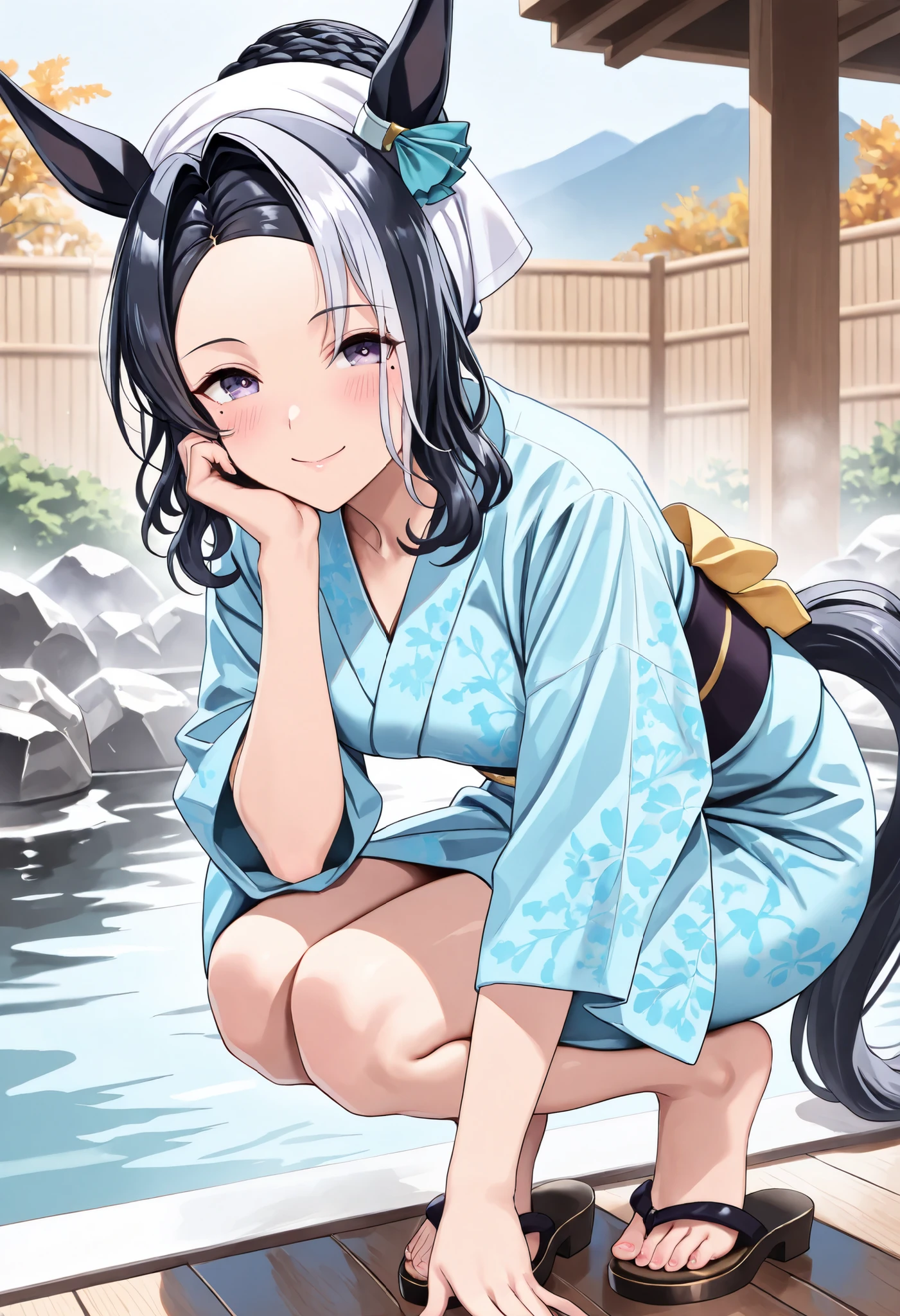 (masterpiece, best quality, perfect face:1.4), wide angle, full body, mejiro ramonu \(umamusume\), black hair, white hair, multicolored hair, ((long hair)), wavy hair, purple eyes, mole under eye, ear ornament, horse ears, horse tail, tail on the lower back, proportional body, proportional,1 girl, beautiful hair, beautiful face, beautiful detailed eyes, beautiful clavicle, beautiful body, beautiful , beautiful thigh, beautiful legs, beautiful fingers, looking at viewer, BREAK, japanese clothes, ((kimono:1.7)), apron, head scarf, BREAK outdoors, hot spring, onsen, BREAK, blush smile, textured skin, realistic skin, HDR, BREAK, (perfect hands, perfect ),