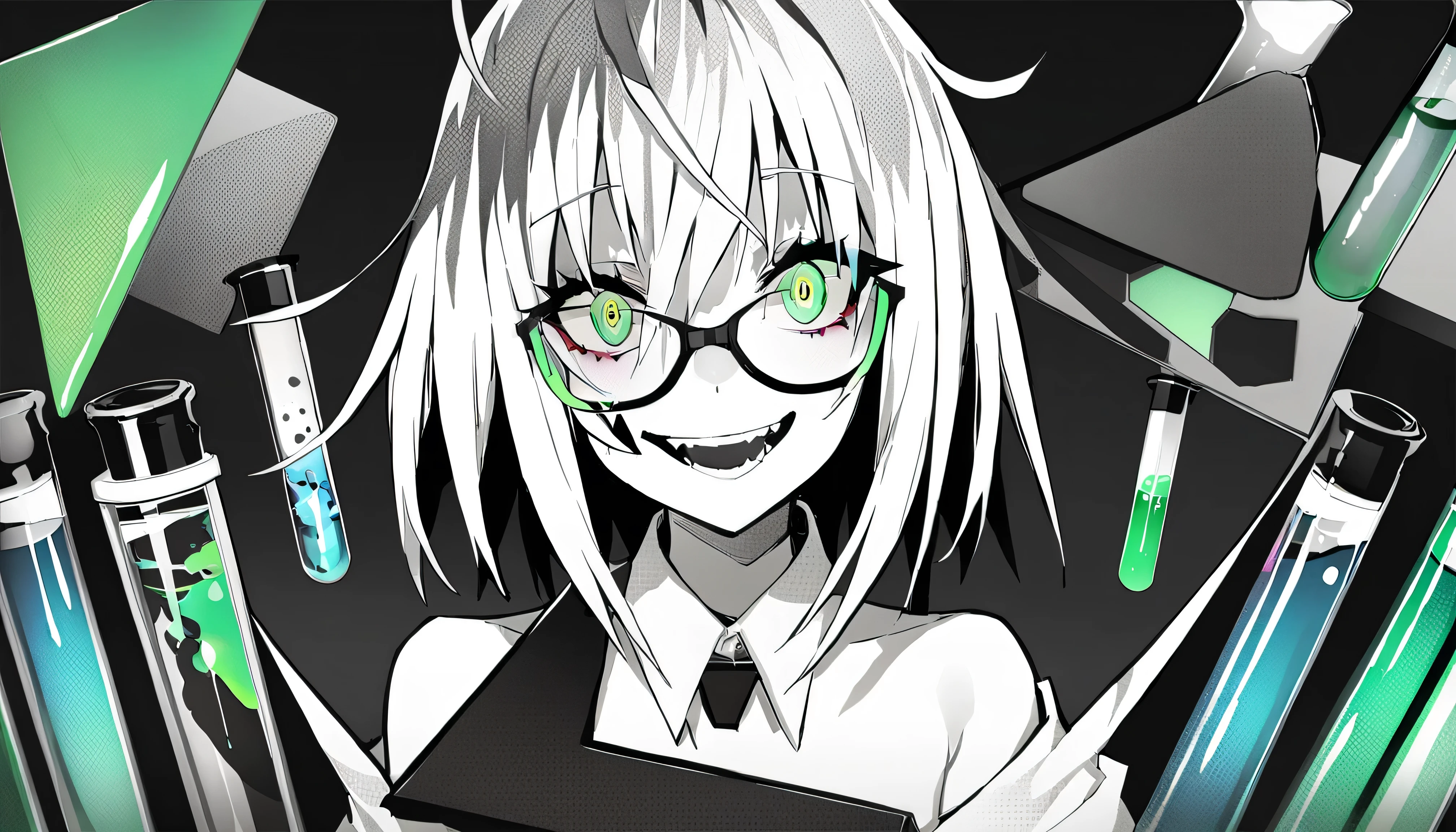 ((The background is a triangular flask、Test tube、Green chemicals))、masterpiece, Highest Quality, ((1 girl:The arrangement is centered)), ((The background is a triangular flask、Test tube、Green chemicals))、Spikes, ((solo)), headphones , Crazy smile, , spiked Color, Illness、monochrome, 色つきのheadphones around neck,yandere, Black background, Color, watching viewers, Bare Shoulder, Shining Crazy Green Eyes,(hairstyle:Bedhead)、Glasses、researcher costume、tattoo on the face