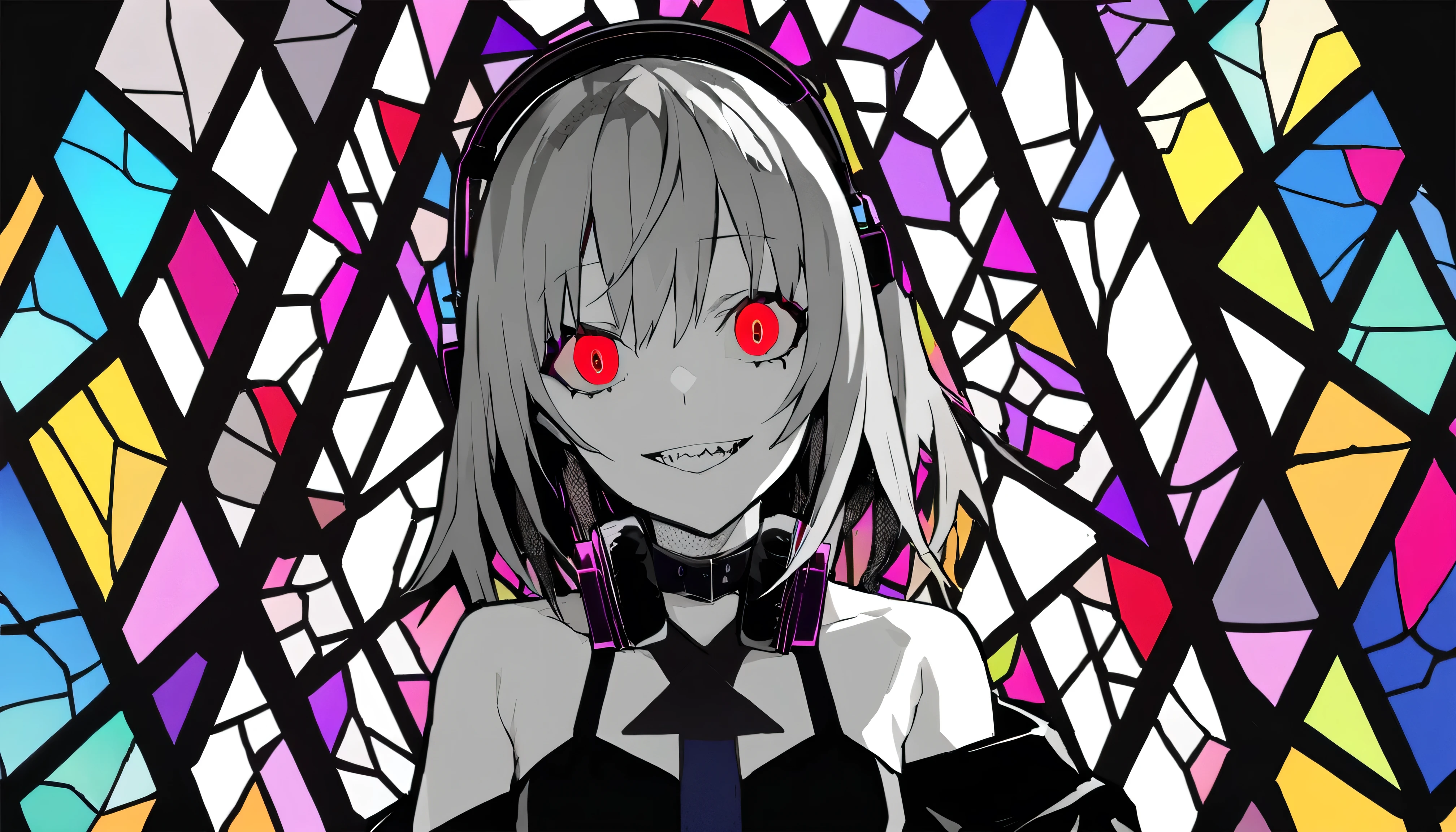  ((Colorful Stained Glass Background、 Gothic Church ))、masterpiece, Highest Quality, ((1 girl：The arrangement is centered)), (Colorful Stained Glass Background、 Gothic Church ))、Spikes, ((solo)), headphones , Crazy smile, , spiked Color, Illness、monochrome, 色つきのheadphones around neck,yandere, Black background, Color, watching viewers,  Bare Shoulder, Shining Crazy Red Eyes,（hairstyle：long）、Gothic Metal Dress Outfit