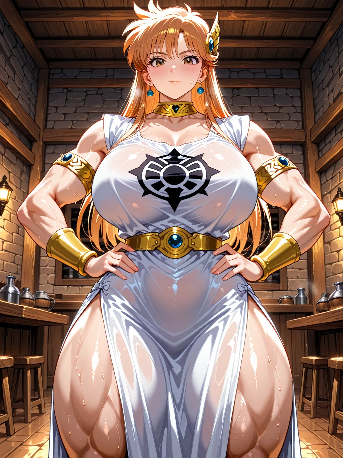 "(masterpiece:1.1), best quality, 
1girl, (80s anime style:1.3), (eyelashes:1.5), (loli:1.2), 
(intricate high detailed body:1.2), 
(orange hair:1.1), (forehead:1.1), (long hair, drill hair:1.2), (headband:1.2), 
brown eyes, (lip stick:1.3), 
(dark skin:1.5), (????????????????:1.5), 
(grin:1.2), open mouth, (blush:1.2), 
(golden embroidery leotard armor, underboob cutout:1.2), 
(knight armor, armored boots:1.2), (belts:1.1), (ahoge:1.2), neckwear, 
(squatting, arms behind head, ???????????:1.1), 
(cowboy shot, ????????:1.1), 
medieval tavern"