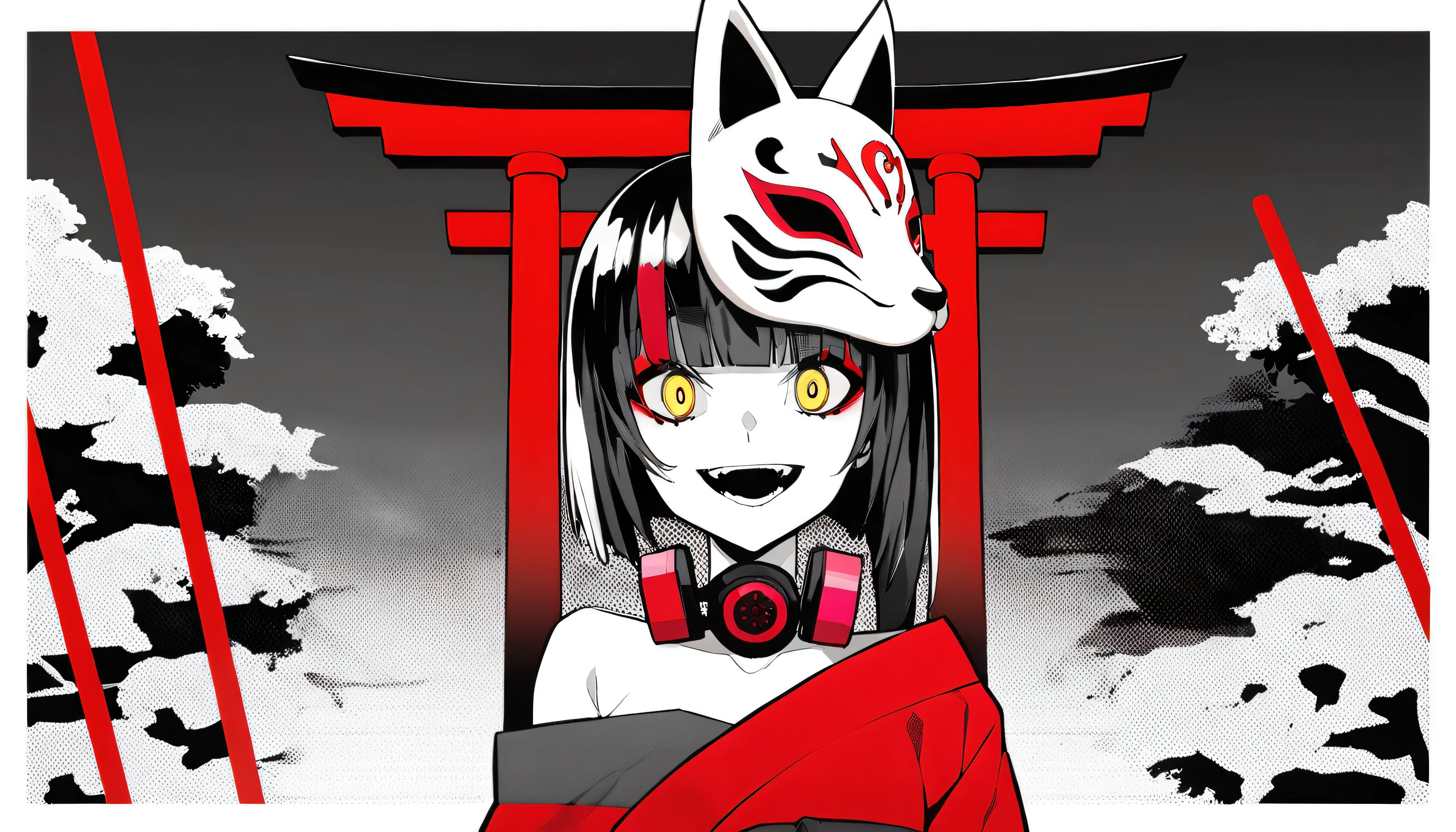 ((the background is a red torii、shrine))、masterpiece, Highest Quality, ((1 girl:The arrangement is centered)), ((the background is a red torii、shrine))、Spikes, ((solo)), headphones , Crazy smile, , spiked Color, Illness、monochrome, 色つきのheadphones around neck,yandere, Black background, Color, watching viewers, Bare Shoulder, Shining Crazy Yellow Eyes,(hairstyle:Evening updo、hair ornaments)、with a fox mask on the head、Hanakai kimono costume