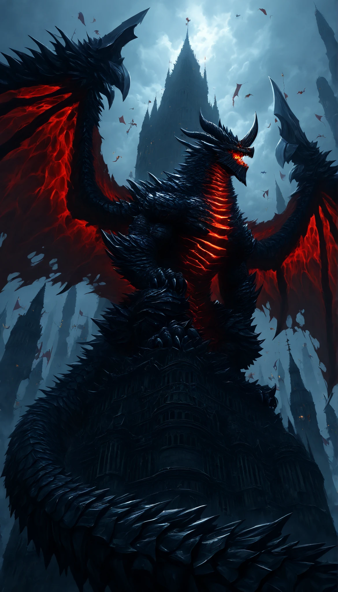 dibujo a mano,giant tower,imperial castle with several towers, red dragon ,giant scaled dragon,epic dinner,height,Medieval City, windows,flags on the cusp ,monster with open wings,giant monster,Dragon gigante,alas,scales, thick scales ,Gigantic Dragon,heavy,large size,Resting on the tower, Green reptilian eyes ,sharp teeth, thick scales y duras,giant claws,(rolled up like a snake),((long tail rolled up in the tower)),((Above the top of the tower)),(( about the castle )) ,masterpiece, newest ,suit extremely high resolution, high resolution view,distant view ,detailed background,Alamuerte, dragon, metal jaw, metal chest, shiny crack in the chest, nasal horn, black horns, multiple horns , black body, black scales