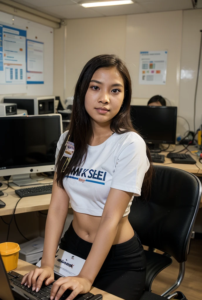 Young sweet beautiful Bogor city girl, 25 years old, georgeus sweet face, mixed descent sundanese and javanese, hair with a bangs, slim body, slim thigh, young office secretary, working cheerful in her office, wearing blue official dress and official skirt, wearing high heels, realistic, very detail, normal all her fingers shape, siting limp down open very wide legs on office chair, being eyes, being , pink full , semi ,