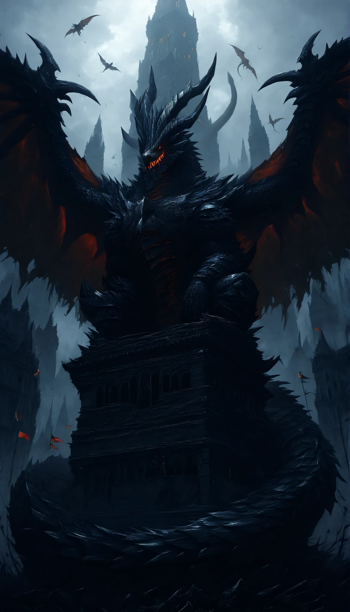 dibujo a mano,giant tower,imperial castle with several towers, red dragon ,giant scaled dragon,epic dinner,height,Medieval City, windows,flags on the cusp ,monster with open wings,giant monster,Dragon gigante,alas,scales, thick scales ,Gigantic Dragon,heavy,large size,Resting on the tower, Green reptilian eyes ,sharp teeth, thick scales  y duras,giant claws,(rolled up like a snake),((long tail rolled up in the tower)),((Above the top of the tower)),(( about the castle )) ,masterpiece, newest ,suit extremely high resolution, high resolution view,distant view ,detailed background,Alamuerte, dragon, metal jaw, metal chest, shiny crack in the chest, nasal horn, black horns, multiple horns , black body, black scales