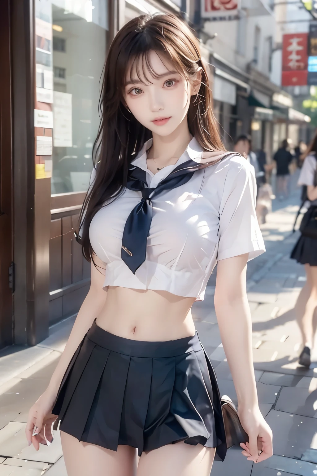 ( Super High Definition), (I'm looking over here), (school uniform:1.2), (Big Breasts:1.2), (Slimness:1.8), ( Read more:1.4), (thin thighs:1.4), ( thin hips:1.6), ( beautiful skin, shiny skin, white skin), (Super slim face, Super beautiful face, makeup, Smile :0.8), ( light brown hair, semi-long, layered cut , fluffy hair), ( big eyes:1.4, High corners of the eyes:1.6, double eyelids), (Thin eyebrows:0.1), ( small nose:0.6), ( thin lips:0.6), downtown