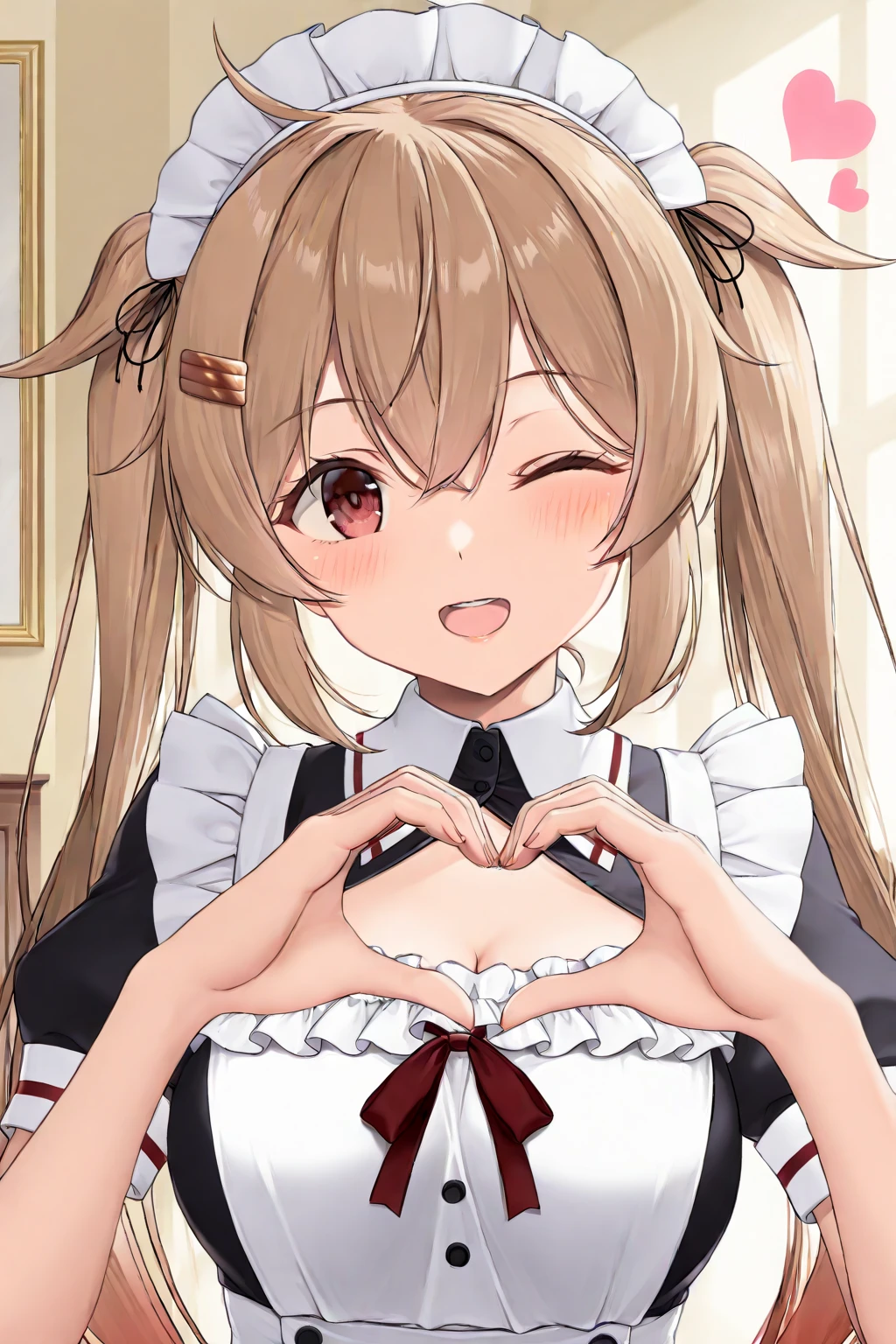 1girl, evil neuro-sama, (yuzu modoki), red eyes, light brown hair, ahoge, two side up, hair ribbon, dark red ribbon, heart hair ornament, (masterpiece, best quality), highly detailed, finely detailed, simple background, playboy bunny, rabbit ears, rabbit tail, detached collar, bowtie, wrist cuffs, leotard, cowboy shot, looking at viewer, from above, heart hands, on table, indoors, smile,