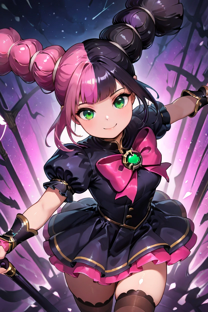 masterpiece, best quality, solo, curvy, beautiful eyes, zzLylia, green eyes, black hair, cone hair bun, hair bun, long hair, multicolored hair, pink hair, purple hair, split-color hair, two-tone hair,  dress, bow, short sleeves, thighhighs, black dress, puffy sleeves, puffy short sleeves, striped,   <lora:LyliaMLIXL:1.0>, upper body, smile, looking at viewer, shiny skin,<lora:TTitansStyleIXL:1.0>,