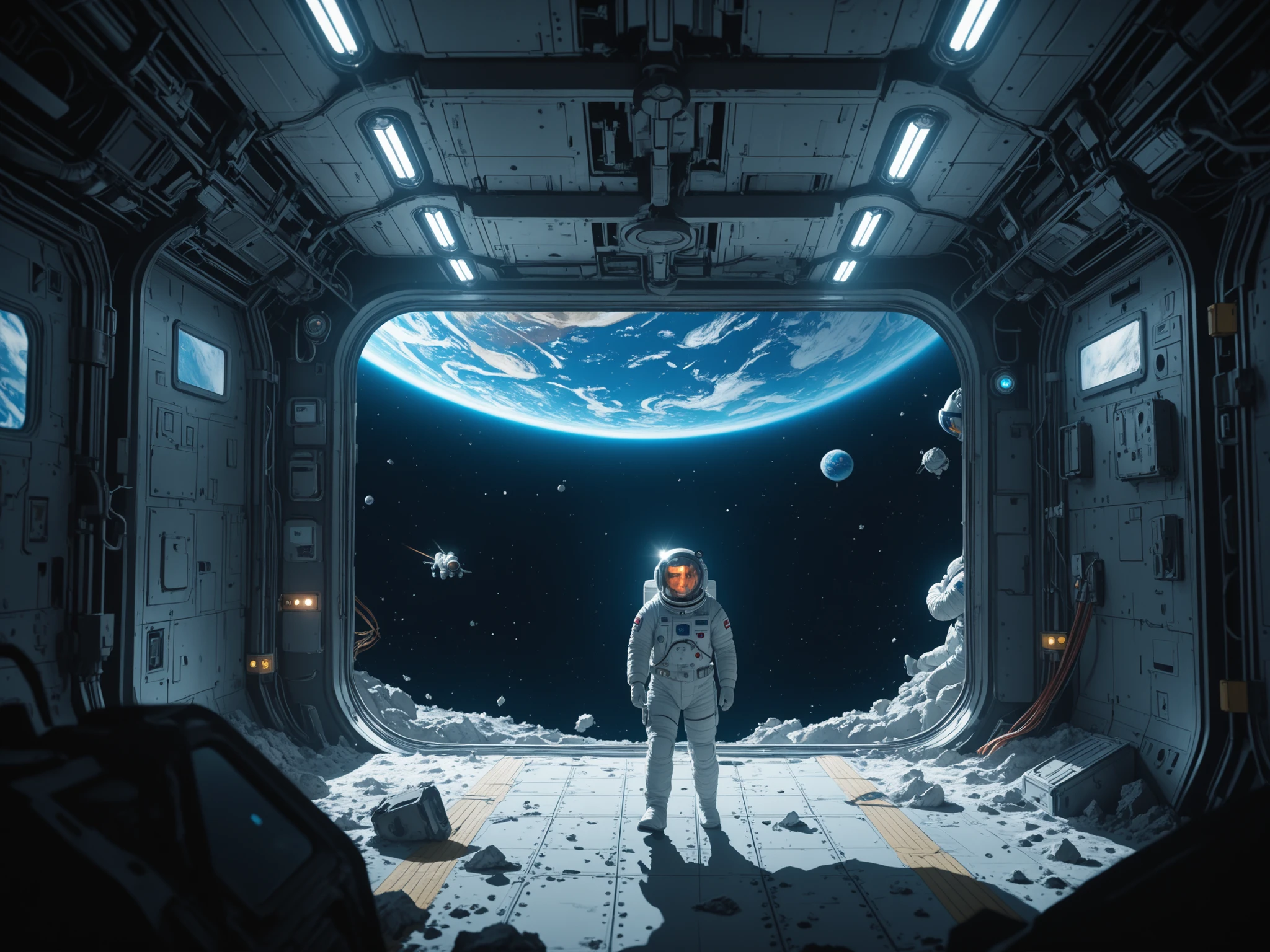 finely, detail, photography, astronaut exploring abandoned space station, spacesuit with headlamp illuminating dark corridor, floating in zero gravity, deteriorating space station structure visible through helmet visor, Earth reflecting blue light in background, debris field surrounding station, damaged solar arrays, emergency lights flickering, frost forming on metal surfaces, abandoned personal quarters with floating objects, scientific equipment in disrepair, sense of isolation and discovery, dramatic shadows, cinematic framing