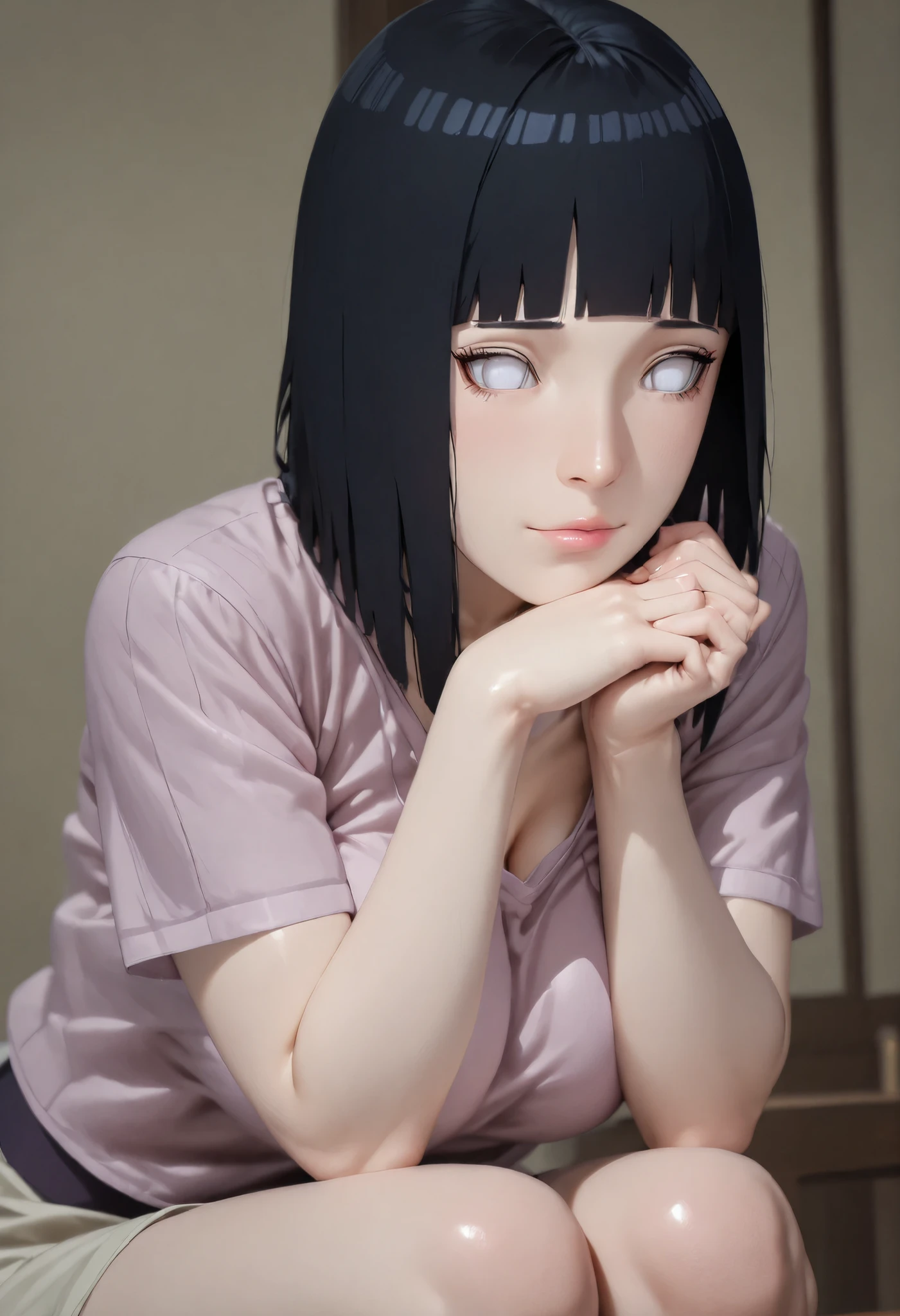 "a girl with physical characteristics similar to Hinata Hyuga in the Naruto anime series, long black hair, with bangs, soft pale lavender eyes without pupils, full pink lips with a sexy body shape, very large breasts with a prominent cleavage, she poses looking down with her hands resting on her knees and the other hand gives a kiss with a seductive look, she wears clothes like in the anime, 3D anime, ultra HD, high quality, detailed.