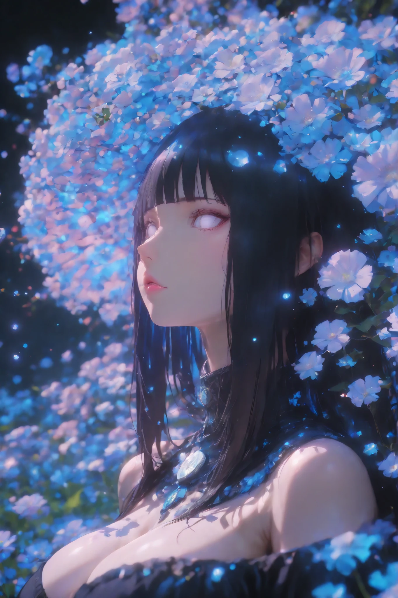 "closeup of a beautiful girl's face with physical characteristics similar to Hinata Hyuga in the Naruto anime series, long black hair, bangs, soft pale lavender eyes without pupils, full pink lips with a sexy body shape, very large breasts with a prominent cleavage, she poses looking at the sky with a dark atmosphere with a little light highlight making the atmosphere warm with the light of fireflies, she wears clothes like in anime, side view, 3D anime, ultra HD, high quality, detail, 16k.