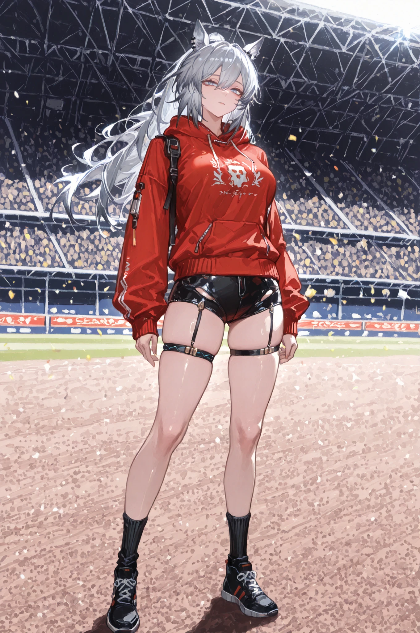 lawn、Racecourse、緑のlawnの上、新緑のlawn、Yee Xuan、collapse Starrail、Racecourse、Uma Musume、horse ear、Jirio Mahonoko、 A sophisticated eye 、Full Body、GBF_style、748cm style、32K、Semi Realistic、  super detailed description on the front 、art work、Original Work、 Detailed Color、 detailed eyes、 detailed face 、Detailed Eyes、detailed eyes、Exquisite eyes, The best傑作、professional job、Beautiful , Lots of Piercings, pop art,, realistic skin, The best, long hair under , blue eyes,    cool look, narrowed her eyes, viewers, Silver Hair、lawn、Racecourse、Turf、Race Course 、dynamic pose 、緑のlawn,Racecourse、lawn、Black Knee Socks、緑のlawn、black hotpants、black hotpants、black tights、lawnの上、frustrated、garter belt、schwarz(Arknights)red hoodie for clothes