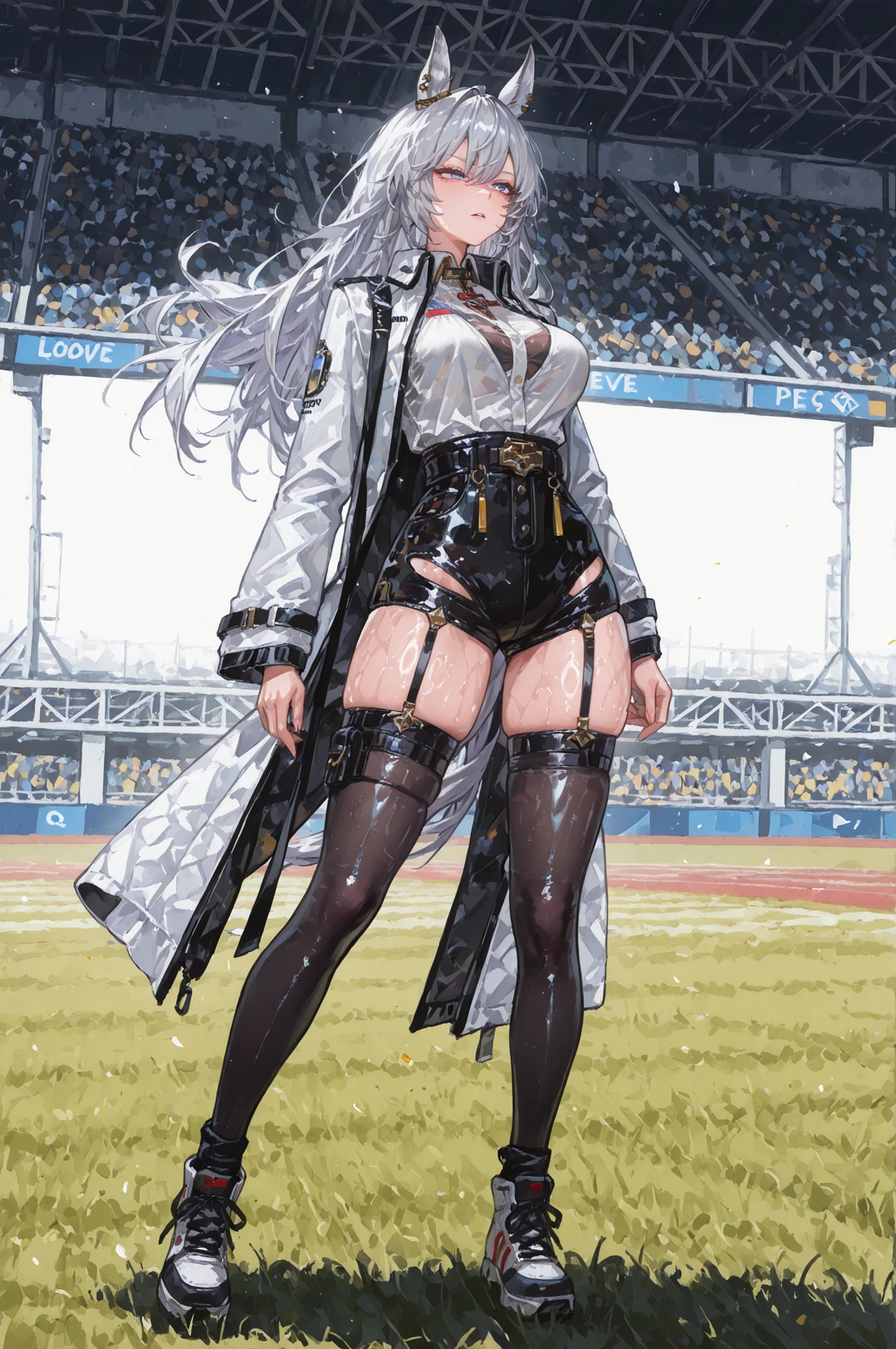 lawnの上、racecourse、緑のlawn、新緑のlawn、、Yee Xuan、collapse Starrail、Racecourse、Uma Musume、horse ear、Jirio Mahonoko、 A sophisticated eye 、Full Body、GBF_style、748cm style、32K、Semi Realistic、  super detailed description on the front 、art work、Original Work、 Detailed Color、 detailed eyes、 detailed face 、Detailed Eyes、detailed eyes、Exquisite eyes, The best傑作、professional job、Beautiful , Lots of Piercings, pop art, Shiny Oily Skin, realistic skin, The best, long hair under , blue eyes,    cool look, narrowed her eyes, viewers, Silver Hair、lawn、Racecourse、Turf、Race Course 、dynamic pose 、緑のlawn,Racecourse、lawn、Black Knee Socks、緑のlawn、black hotpants、black hotpants、black tights、lawnの上、frustrated、Three-quarter sleeves、3/4 sleeve long coat、white coat、garter belt、Yee Xuan