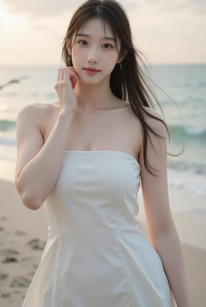 Bridal (( shoulder)), Double eyelids，Skin Whitening，Long hair，Whitening long legs，Standing by the sea, Fashion Girl, Red lips, Sweet Girl, Beautiful makeup, detail, lifelike, Very detailed, Astonishing, beautiful, Young and energetic, high quality，HD, Colorful， Beautifully, Smooth skin, The skirt is very short, Official Art, Extremely detailed, Movie atmosphere, Soft colors, Natural skin texture, Random scene, random shooting Angle, Black over-the-knee socks, lace hem