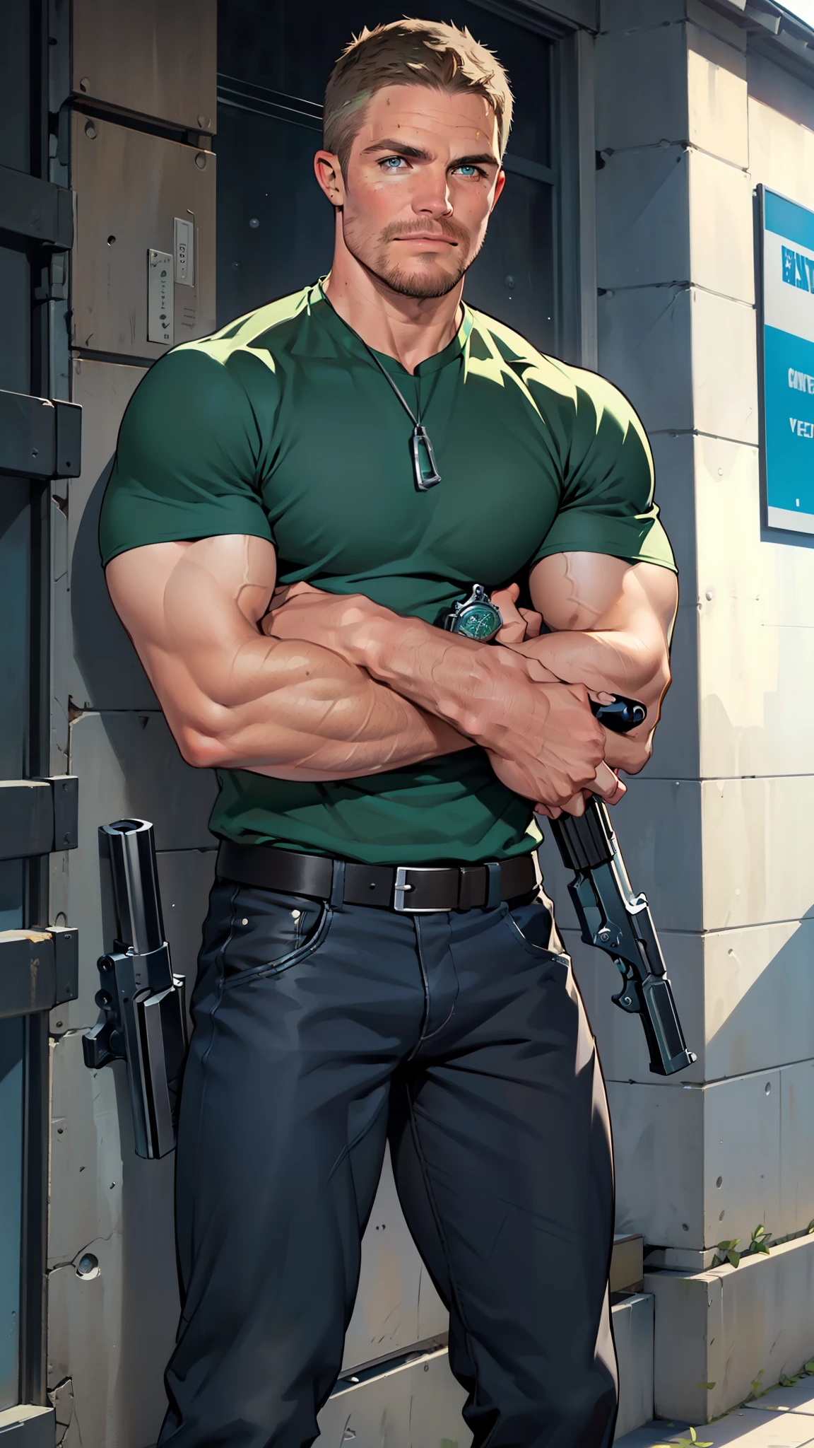 vpl,vpl,1 man, male focus solo,45 yo man, (((Stephen AMELL as private investigator))), lean muscle, open blue shirt, marine blue jeans with brown belt ,( bulge), full body shot, dark blond short hair, BLUE GREEN EYES , well groomed facial hair, (((( HANDS CROSSED , holding TWO guns IN BOTH HANDS LIKE JAMES BOND )))) (((SPREAD LEGS , VERY MANLY APPERANCE ))), ultra high quality, masterpiece, ( ever changing background, blue and white and green arabesques lines in the background)
