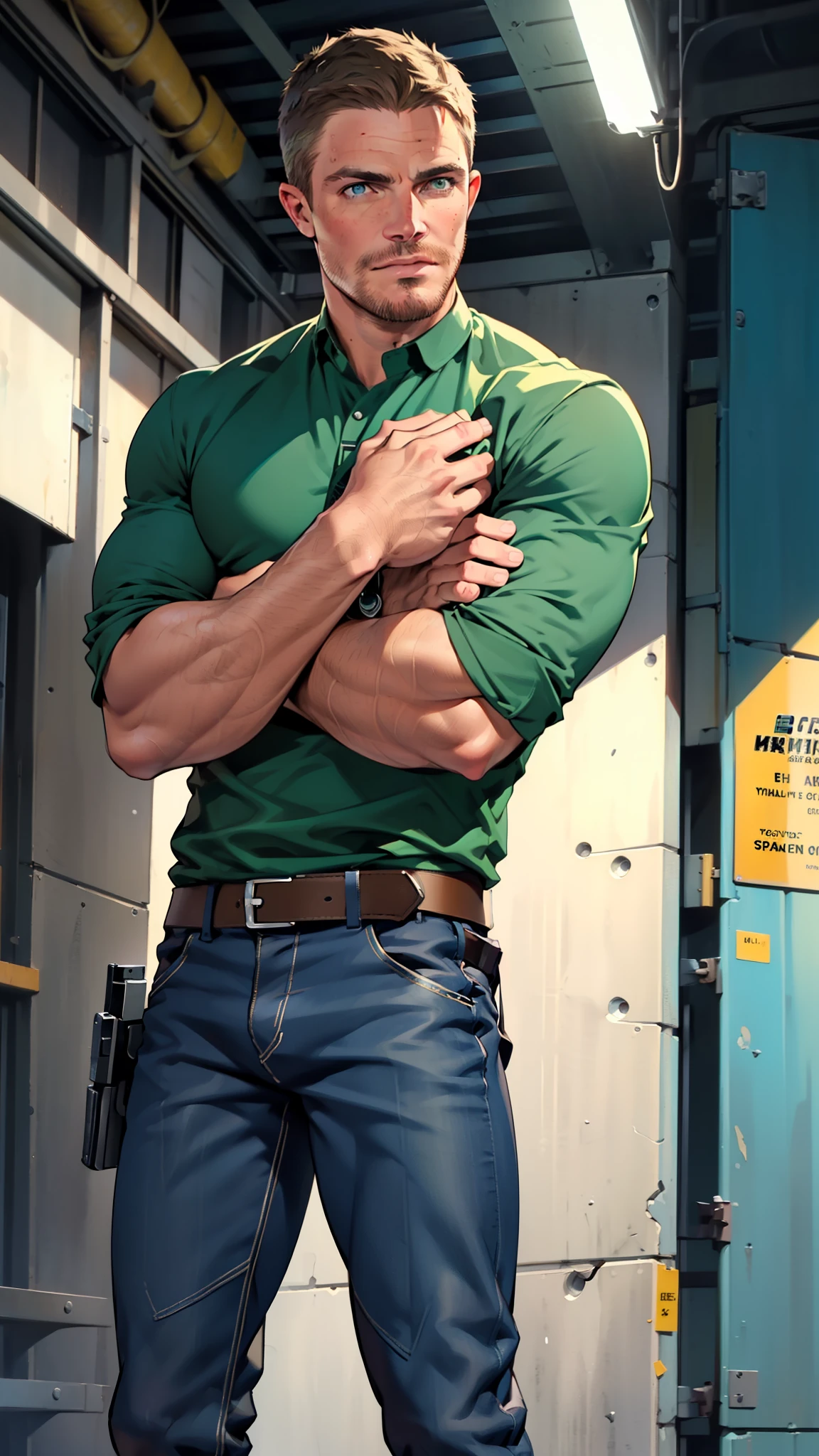 vpl,vpl,1 man, male focus solo,45 yo man, (((Stephen AMELL as private investigator))), lean muscle, open blue shirt, marine blue jeans with brown belt ,( bulge), full body shot, dark blond short hair, BLUE GREEN EYES , well groomed facial hair, (((( HANDS CROSSED , holding TWO guns IN BOTH HANDS LIKE JAMES BOND )))) (((SPREAD LEGS , VERY MANLY APPERANCE ))), ultra high quality, masterpiece, ( ever changing background, blue and white and green arabesques lines in the background)