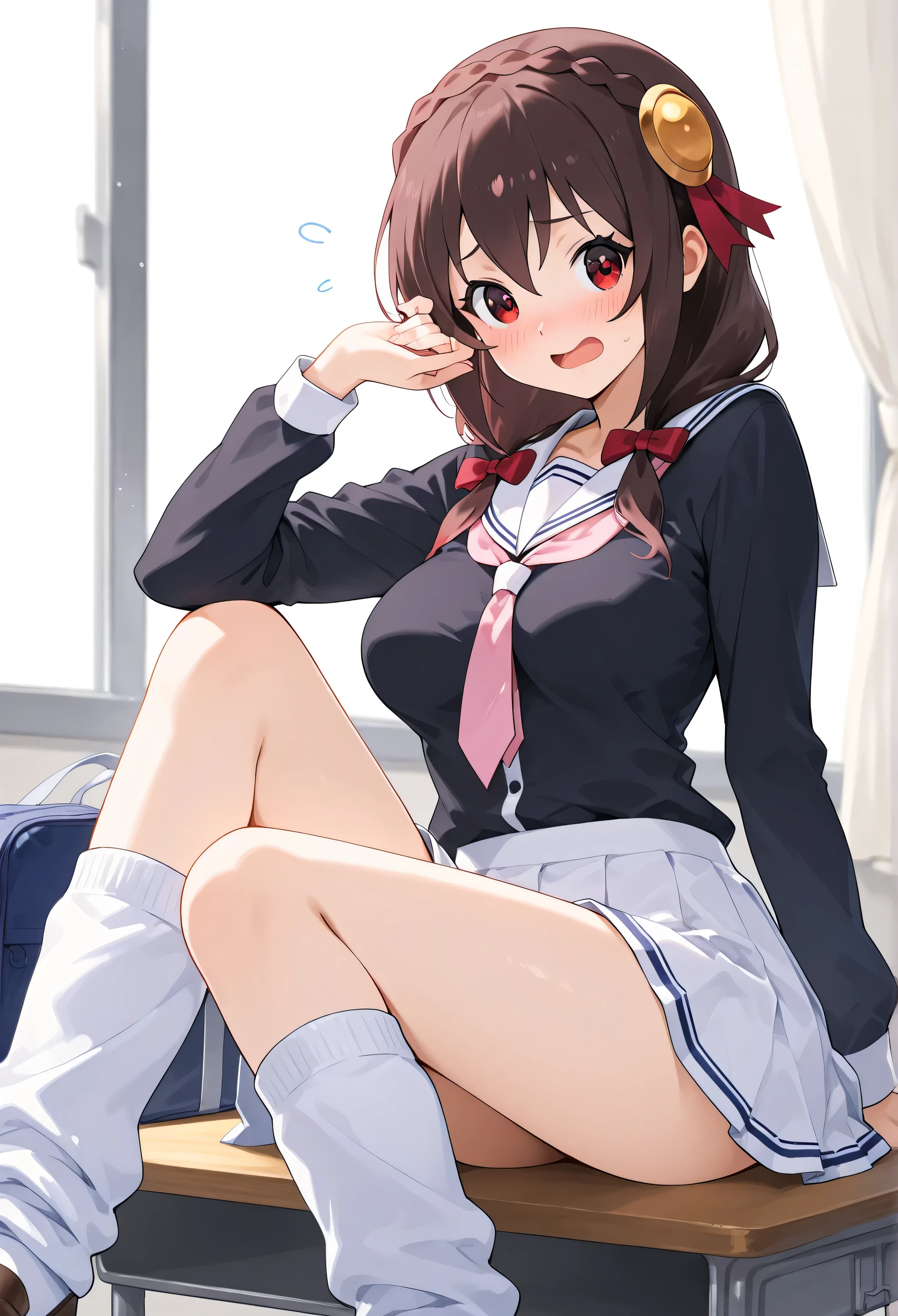 Yunyun konosuba,Crimson Eyes,is embarrassing、blush、happy、Open His Mouth、 noon、school、Highest Quality,(school sailor uniform),(loose socks)、Look to the side、side view