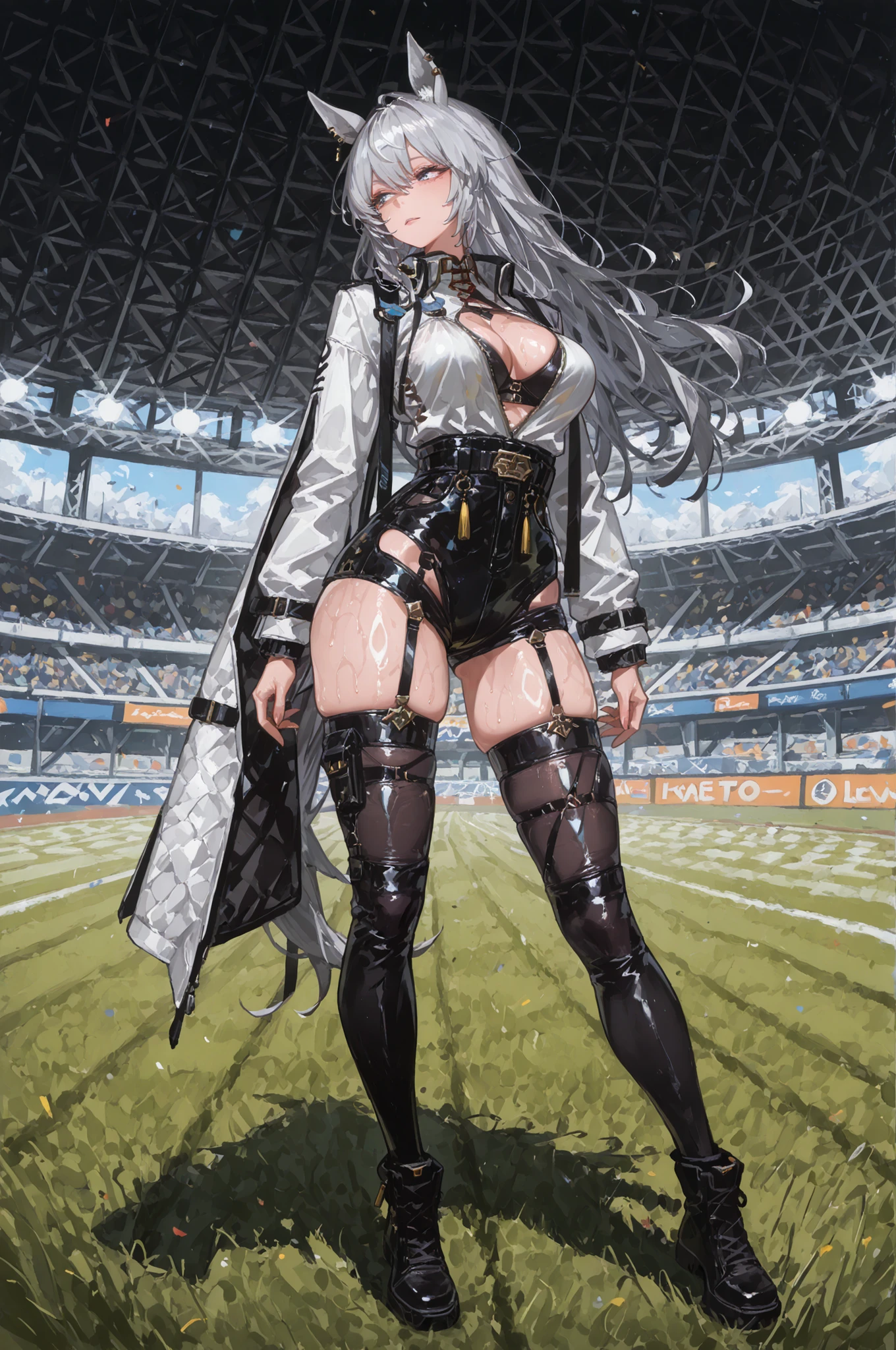 lawnの上、racecourse、緑のlawn、新緑のlawn、、Yee Xuan、collapse Starrail、Racecourse、Uma Musume、horse ear、Jirio Mahonoko、 A sophisticated eye 、Full Body、GBF_style、748cm style、32K、Semi Realistic、  super detailed description on the front 、art work、Original Work、 Detailed Color、 detailed eyes、 detailed face 、Detailed Eyes、detailed eyes、Exquisite eyes, The best傑作、professional job、Beautiful , Lots of Piercings, pop art, Shiny Oily Skin, realistic skin, The best, long hair under , blue eyes,    cool look, narrowed her eyes, viewers, Silver Hair、lawn、Racecourse、Turf、Race Course 、dynamic pose 、緑のlawn,Racecourse、lawn、Black Knee Socks、緑のlawn、black hotpants、black hotpants、black tights、lawnの上、frustrated、Three-quarter sleeves、3/4 sleeve long coat、white coat、garter belt、Yee Xuan