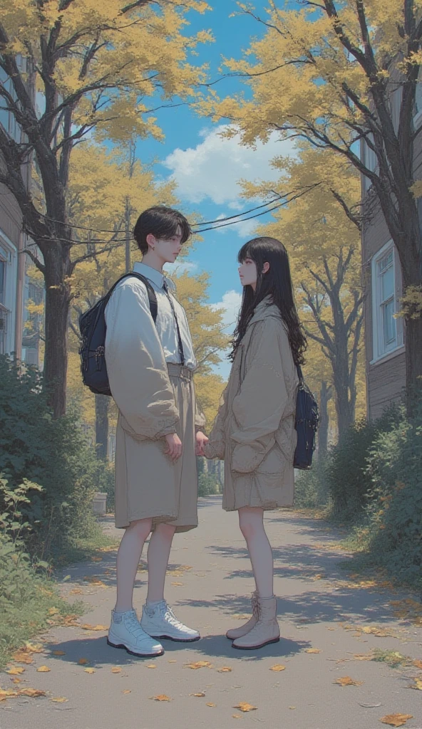 Animated couple standing in a flower field with backpacks on their backs, lovely couple,((best quality)), ((masterpiece)), (detailed), perfect face