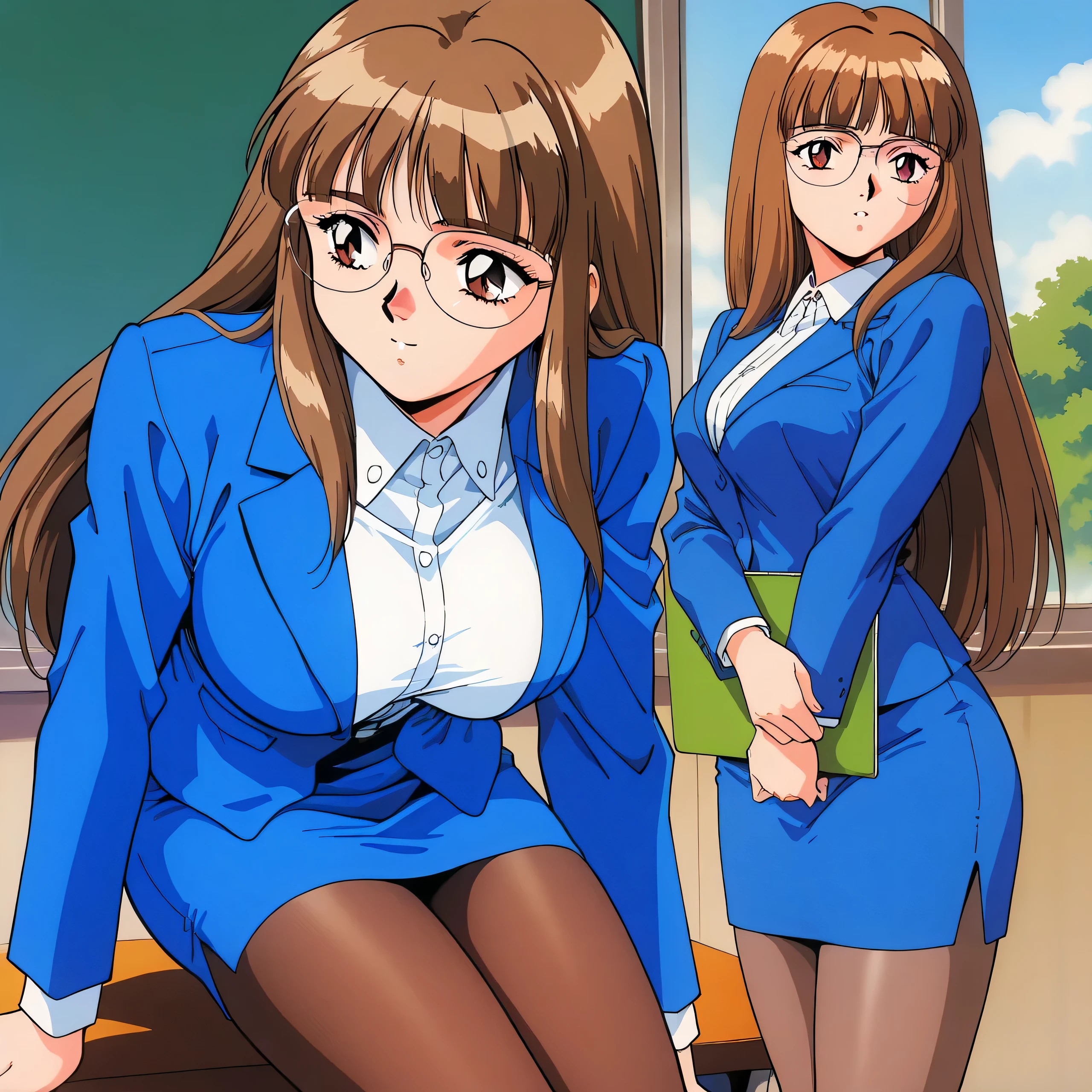 masterpiece, highest quality, high quality, Iijima _sensei, brown hair, long hair, brown eyes, unkempt bangs, big boobs, 1990s \( style\), anime painted , shirt, long sleeve, blue jacket , collared shirt, white shirt, pencil skirt,
indoor, school classroom, white shirt, teacher, brown pantyhose,