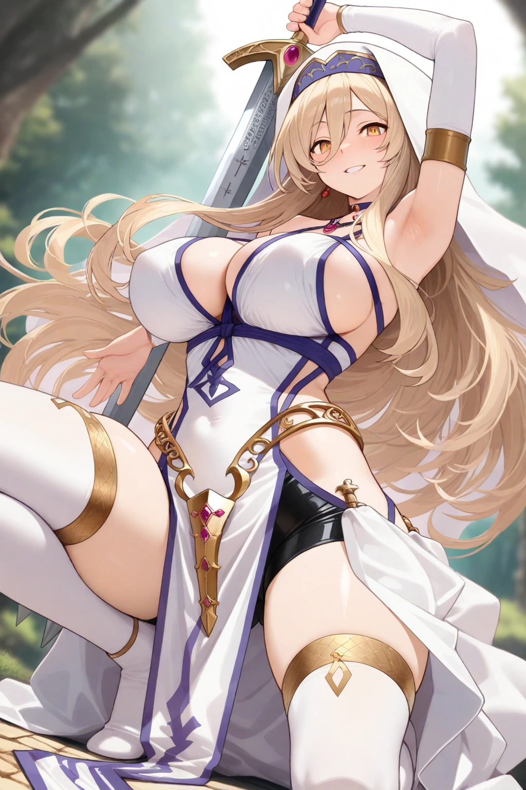 masterpiece,1girl,solo,blonde hair, cleavage,   navel,church, blush,light smile, closed mouth, (kneeling:1.2),indoors,no legwear, (???????:1.2),bondage,rope,(arms behind back:1.2),???????????, ???,