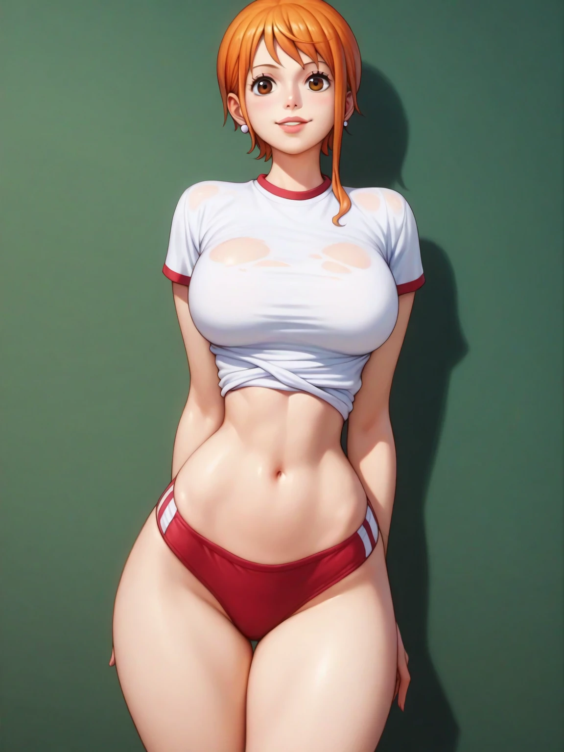 Misty(pokemon),solo,,medium breast,actual clothes,thick thighs,wet,orange hair,blush,slim,oiled up,