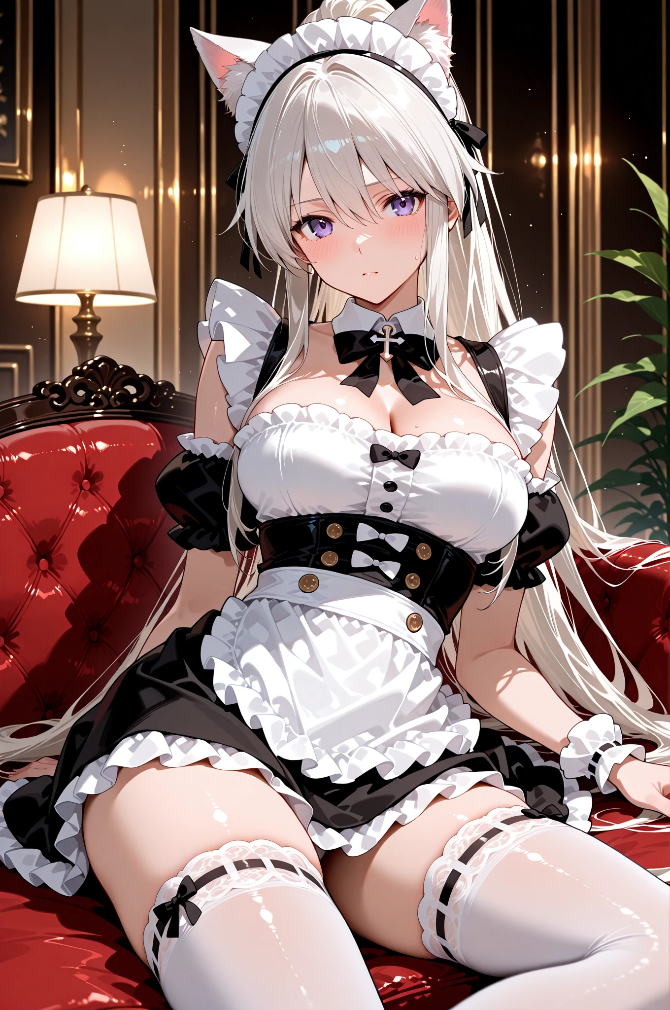 (masterpiece, best quality1.2),illustration,8k,hd,1girls,solo,hand up,(portrait:1.2),long_hair,large_breasts,red_eyes,very_long_hair,bangs,twintails,ribbon,grey_hair,cleavage,hair_ribbon,two-tone_ribbon,between_breasts,black_dress,dress,frills,bare_shoulders,frilled_dress,long_sleeves,two-tone_dress,jewelry,earrings,on the bed