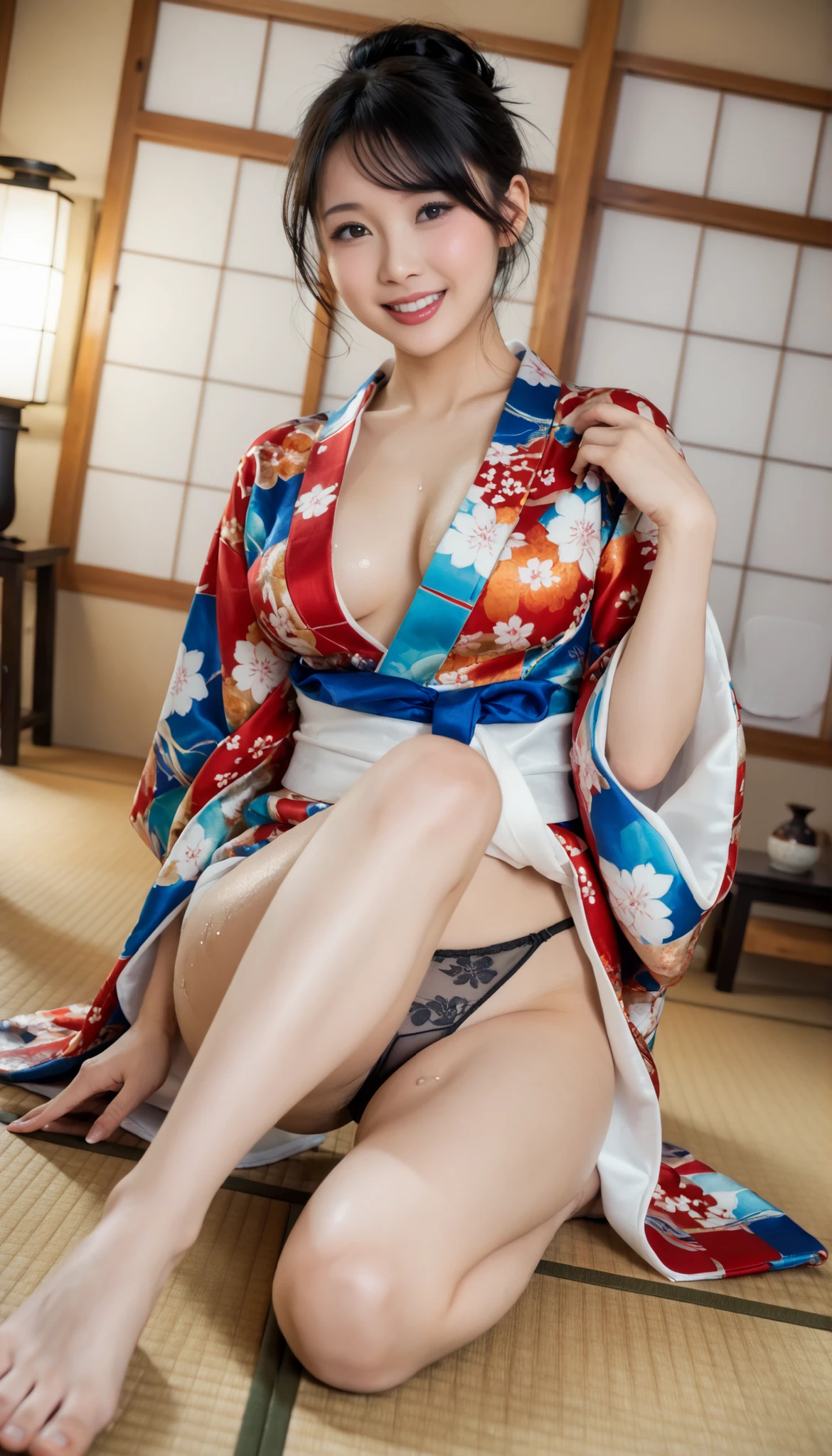 最High Quality 、High Quality 、 最High Definition、High Definition、8K quality、high image quality 、最High Quality、 masterpiece 、immersive video、 very realistic images 、Realistic Paintings、 perfect details 、 from out of view High contrast 、High Fidelity、 perfect photo without blur、close to reality、 An image that has been faithfully reproduced down to the smallest detail、 EXQUISITE AND REALISTIC WEAPONS 、 Exquisite and realistic human skin 、 Realistic face in every detail、 realistic eyes with attention to detail 、 realistic lips drawn with minimal detail 、 detailed and real teeth、Real Ears、 Realistic Hair 、Mansuji、((Japanese Model))、((Gravure Idol))、((Young face))、((black hair))、((medium rounded breasts))、((stylish body ))、(((Sweaty skin all over )))、((Wear a floral kimono made of transparent vinyl,See your skin through a clear vinyl kimono {x} Clear vinyl fits your skin perfectly))、((Wear a floral kimono made of transparent nylon,Clear nylon adheres perfectly to the skin))、((See your skin through a clear vinyl kimono))、((See your skin through a clear nylon kimono))、((Black panties visible from between thighs))、((Traditional Japanese room))、(((Sit on the tatami floor in a Japanese-style room,Pose to raise one leg and make your thighs look beautiful )))、(((faithfully floating on top of semen hot springs,)))、(((look at her from a random angle)))