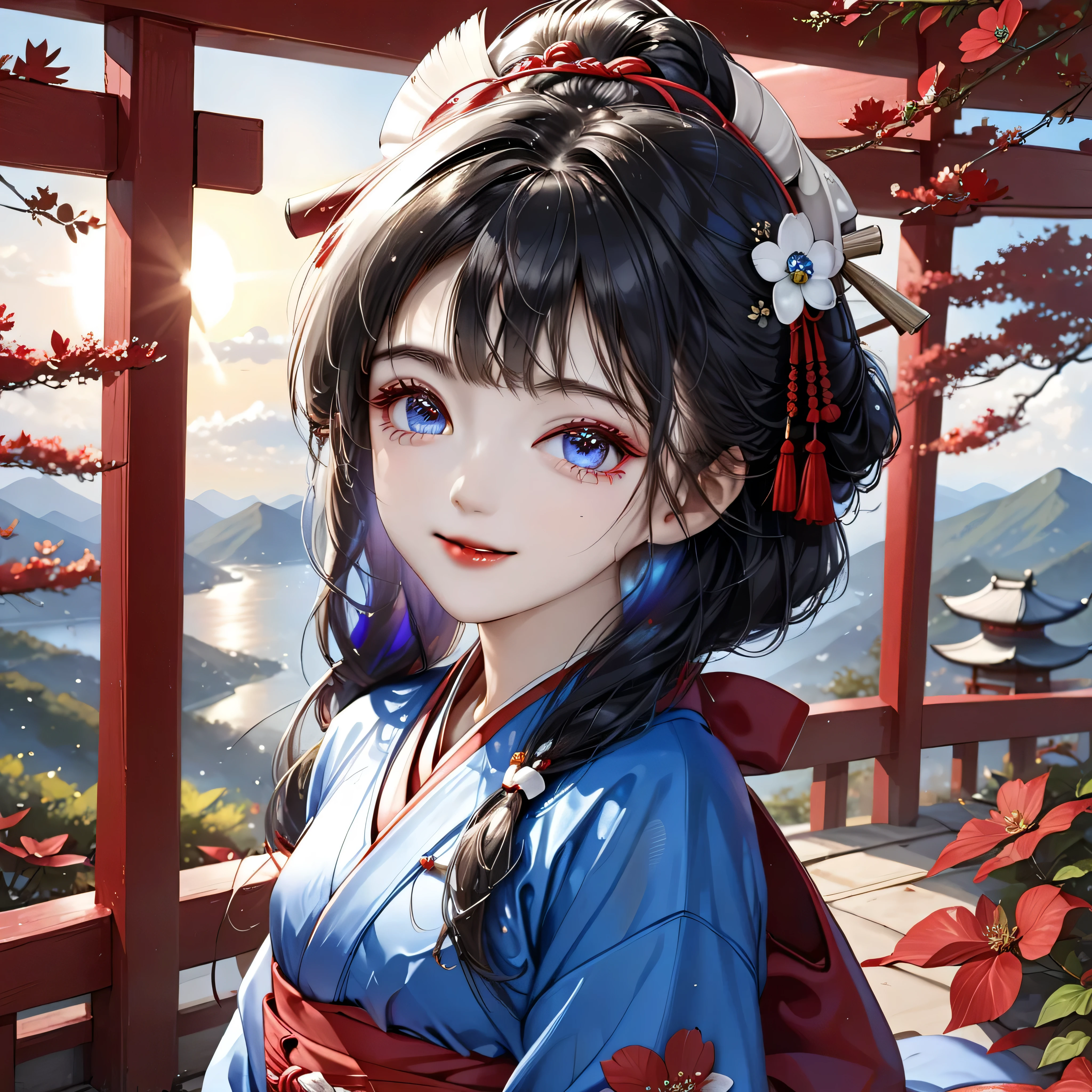 ((Top quality, super detailed, masterpiece, wallpaper, super realistic, highest photo resolution, 8K)), ((Many dogwood petals dancing in the wind)), ((Heterochromia , red eyes, blue eyes)), (Best portrait), ((Sparkling and detailed eyes)), ((Wearing a shrine maiden outfit and long red hakama)), ((Human shrine maiden with odd eyes)), ((Heterochromia, red eyes, blue eyes)), ((Exquisitely detailed eyes)), ((Crystal-like eyes)), (Very detailed face), (Long silver and purple hair), ((Anatomically accurate depiction)), ((Detailed depiction down to the fingertips)), (One girl), (Solo), (Narrow eyes, pale cheeks, glowing skin, glossy lips, face lighting), ((Translucent white skin)), (Standing posture: 1.0), (small breasts), slim body, (thin thighs), (thin waist), ((wearing a shrine maiden outfit and stretching)), ((with hands behind head)), ((bathing in the morning sun on the mountaintop of the shrine, stretching with hands behind head)), ((shrine outfit), shrine maiden), ((wearing long red hakama)), ((shrine maiden's sokutai)), ((bright smile)), (shrine maiden outfit), (long sleeves), (long hakama: 1.2), (countless dogwood petals dancing in the wind), ((hair blowing in the wind)), ((from above, upper body, looking down)), (mountaintop where the inner shrine of the shrine is located), bathing in the morning sun, ((stretching)),