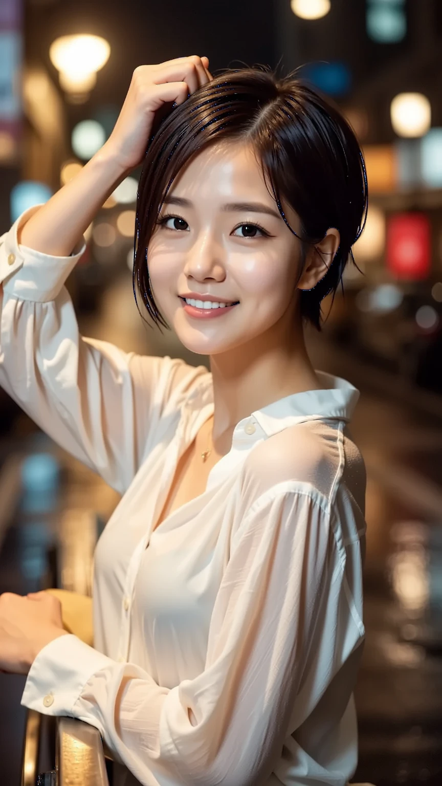 (8k, Best Quality, Masterpiece: 1.2), (Realistic, Photorealistic: 1.37), Super Detailed, 1 Girl, Cute, Alone, Beautiful Detailed Sky, Detailed Cafe, Night, Sitting, Date, ( Nose blush), (smile: 1.15), (close mouth) small breasts, beautiful details, (collared shirt: 1.1), night, wet, business wear, rain, white lace, (short hair: 1.2), floating Hair NovaFrogStyle,