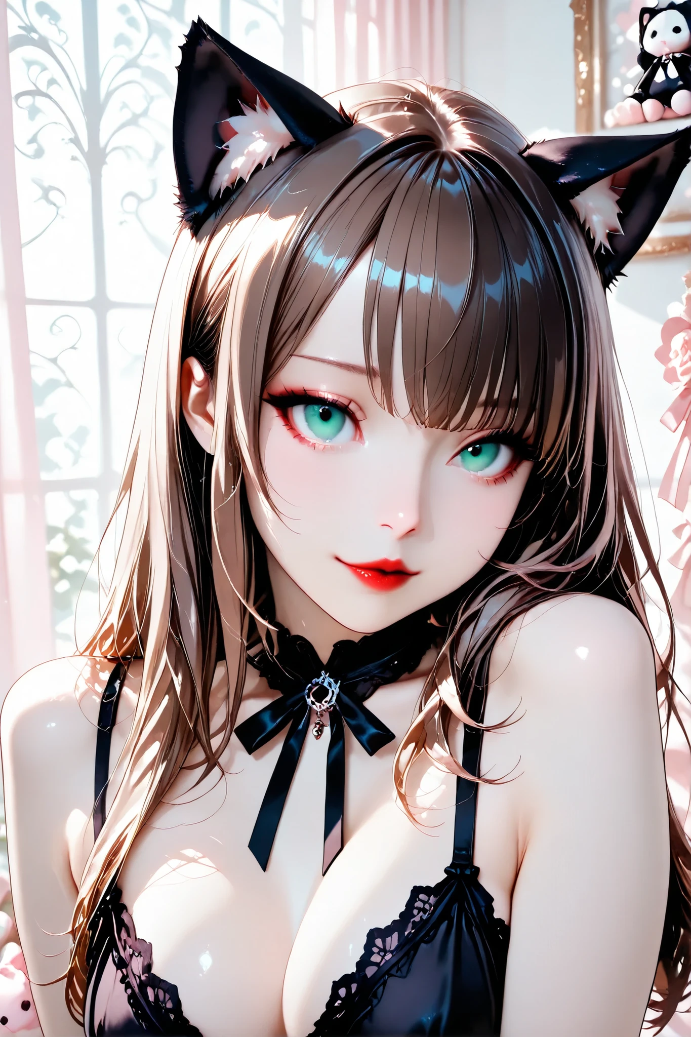 masterpiece, (8k, absolutely-resolution, ultra-detailed, rich-contrast), pixiv-trending style.

a gothic-inspired catgirl with porcelain-like, luminous skin and subtle shading, chin-length chestnut brown hair, green eyes, red lips, with cat ears matching her hair.

she wears a gothic-influenced babydoll, elegant yet provocative, mysterious and sensual atmosphere.

A bedroom styled in "Jirai-kei" fashion, filled with plush toys, pastel pink and white decorations.
dim light, close-up, Bust Shot.